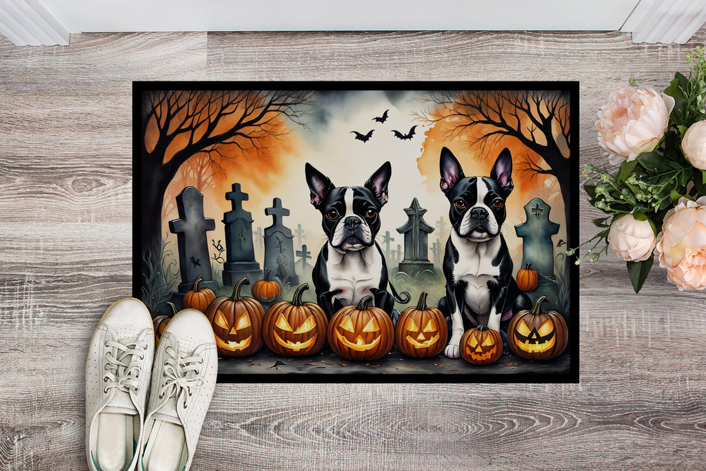 Boston Terrier Spooky Halloween Doormat Indoor Outdoor 18H X 27W Front Door Mat Rugs for Entryway, Non Slip Washable