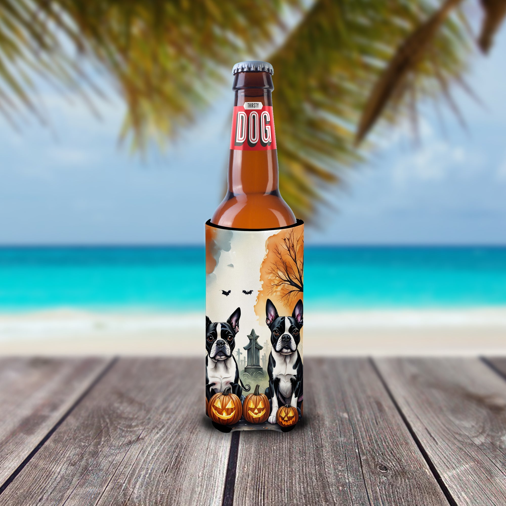 Boston Terrier Spooky Halloween Slim Can Hugger , Insulated Foam Hugger for 12 oz Slim Cans, Beer Bottles & Water Bottles, Printed in USA