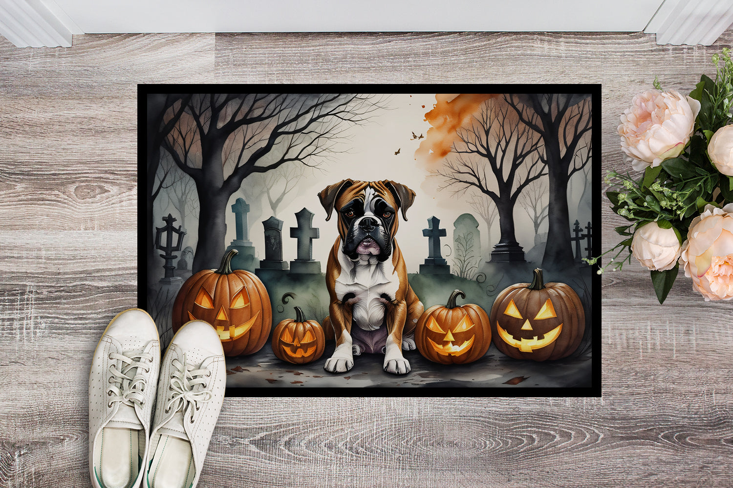 Boxer Spooky Halloween Doormat Indoor Outdoor 18H X 27W Front Door Mat Rugs for Entryway, Non Slip Washable