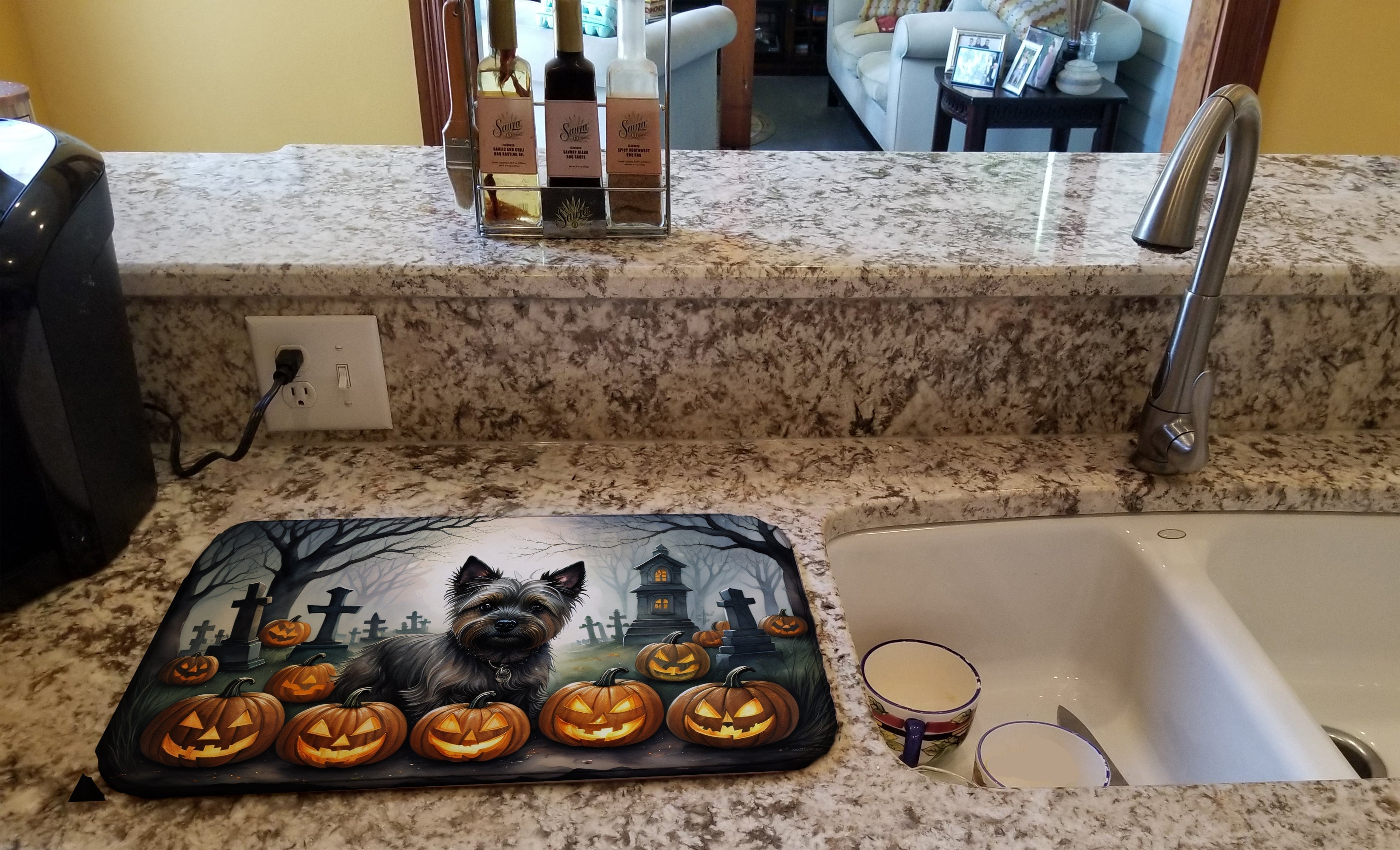 Cairn Terrier Spooky Halloween Dish Drying Mat Absorbent Dish Drying Mat Pad for Kitchen Counter Dish Drainer Mat for Countertop, 14 x 21", Multicolor