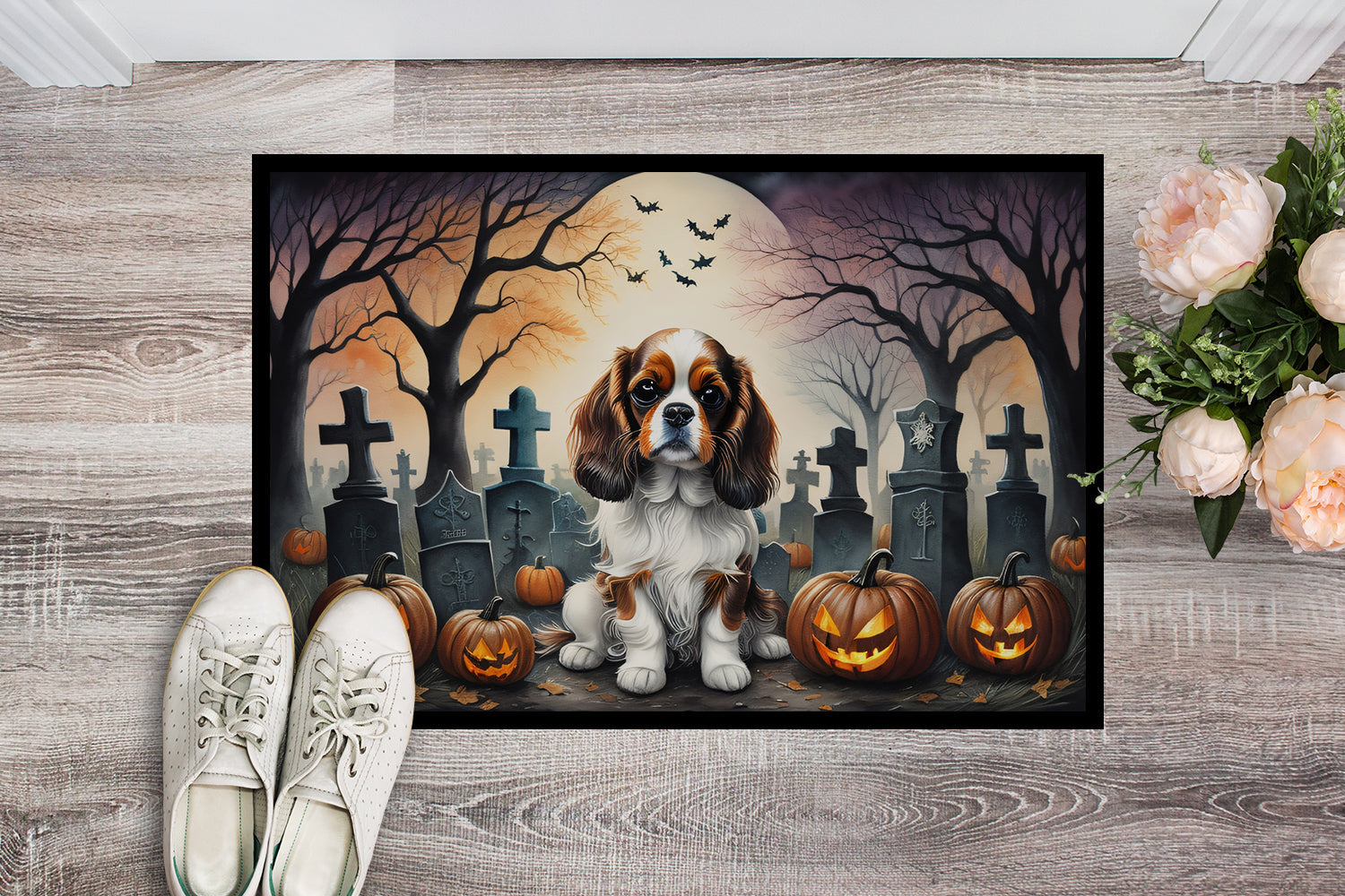 Cavalier Spaniel Spooky Halloween Doormat Indoor Outdoor 24H X 36W Front Door Mat Rugs for Entryway, Non Slip Washable Low Pile,