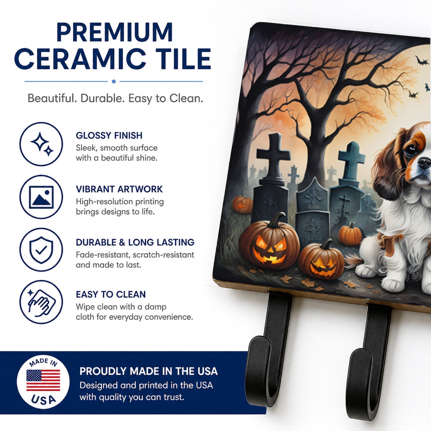 Cavalier Spaniel Spooky Halloween Leash or Key Holder Wall Hooks, Coat Rack Wall Mount, for Hanging Keys, Towels, Aprons, Leashes