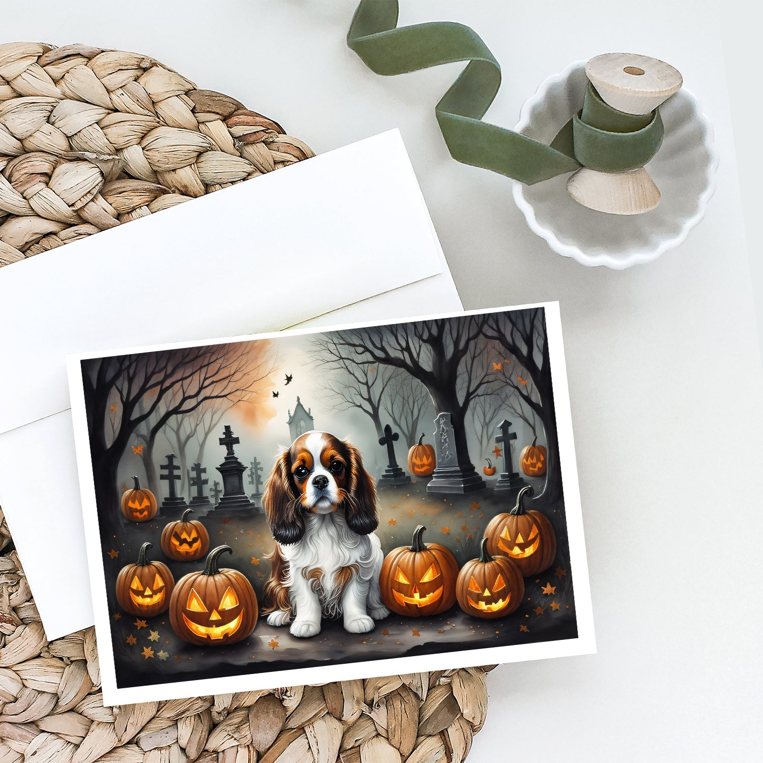 Cavalier Spaniel Spooky Halloween Greeting Cards Pack of 8 Blank Cards with Envelopes Whimsical A7 Size 5x7