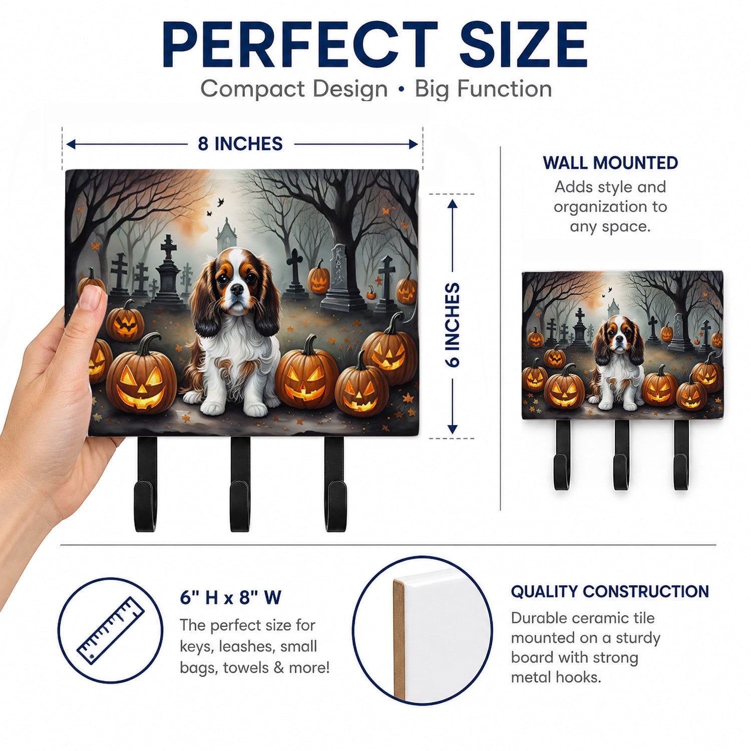 Cavalier Spaniel Spooky Halloween Leash or Key Holder Wall Hooks, Coat Rack Wall Mount, for Hanging Keys, Towels, Aprons, Leashes