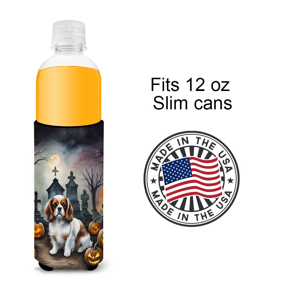 Cavalier Spaniel Spooky Halloween Slim Can Hugger , Insulated Foam Hugger for 12 oz Slim Cans, Beer Bottles & Water Bottles, Printed in USA