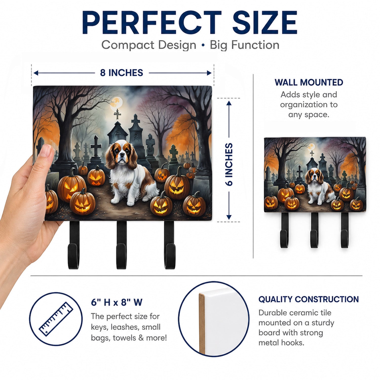 Cavalier Spaniel Spooky Halloween Leash or Key Holder Wall Hooks, Coat Rack Wall Mount, for Hanging Keys, Towels, Aprons, Leashes