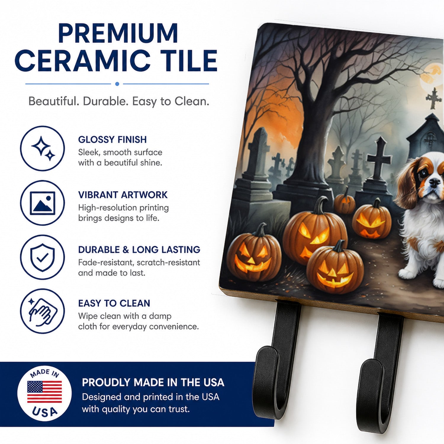 Cavalier Spaniel Spooky Halloween Leash or Key Holder Wall Hooks, Coat Rack Wall Mount, for Hanging Keys, Towels, Aprons, Leashes