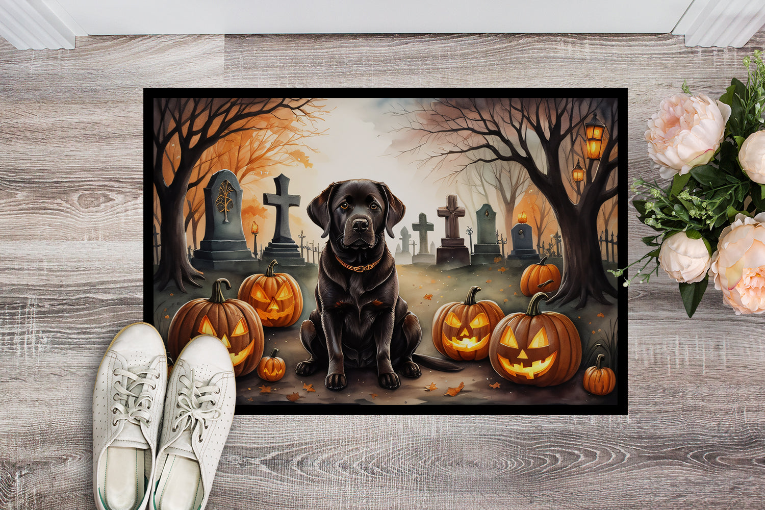 Chocolate Labrador Retriever Spooky Halloween Doormat Indoor Outdoor 18H X 27W Front Door Mat Rugs for Entryway, Non Slip Washable