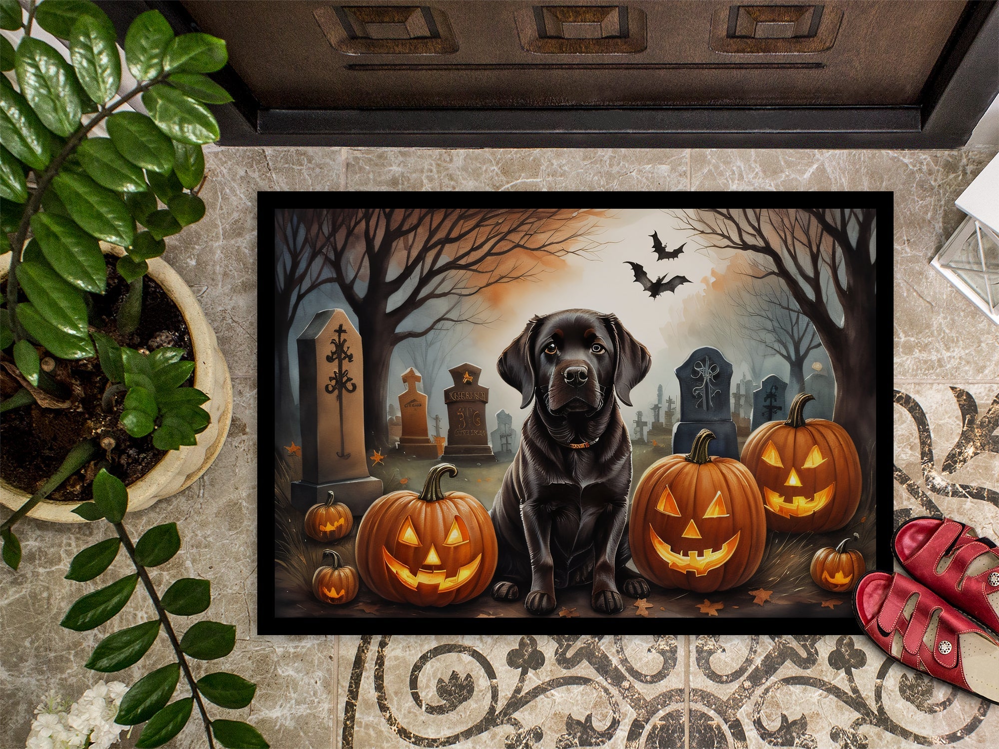 Chocolate Labrador Retriever Spooky Halloween Doormat Indoor Outdoor 24H X 36W Front Door Mat Rugs for Entryway, Non Slip Washable Low Pile,