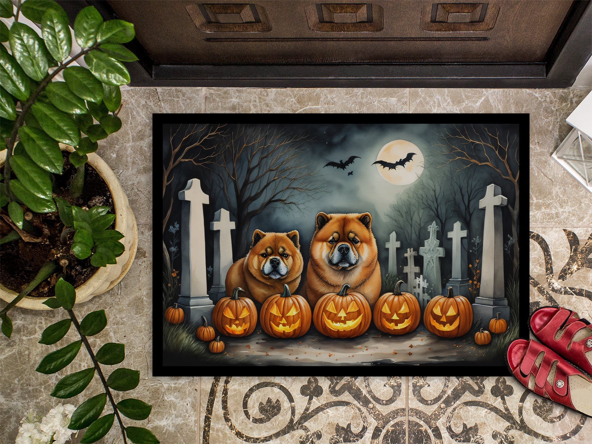 Chow Chow Spooky Halloween Doormat Indoor Outdoor 24H X 36W Front Door Mat Rugs for Entryway, Non Slip Washable Low Pile,
