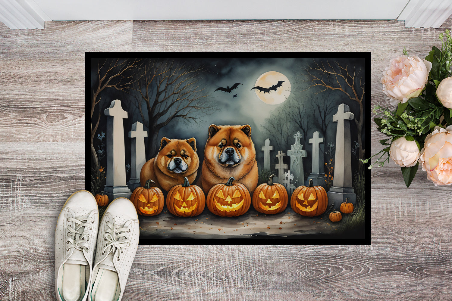 Chow Chow Spooky Halloween Doormat Indoor Outdoor 18H X 27W Front Door Mat Rugs for Entryway, Non Slip Washable