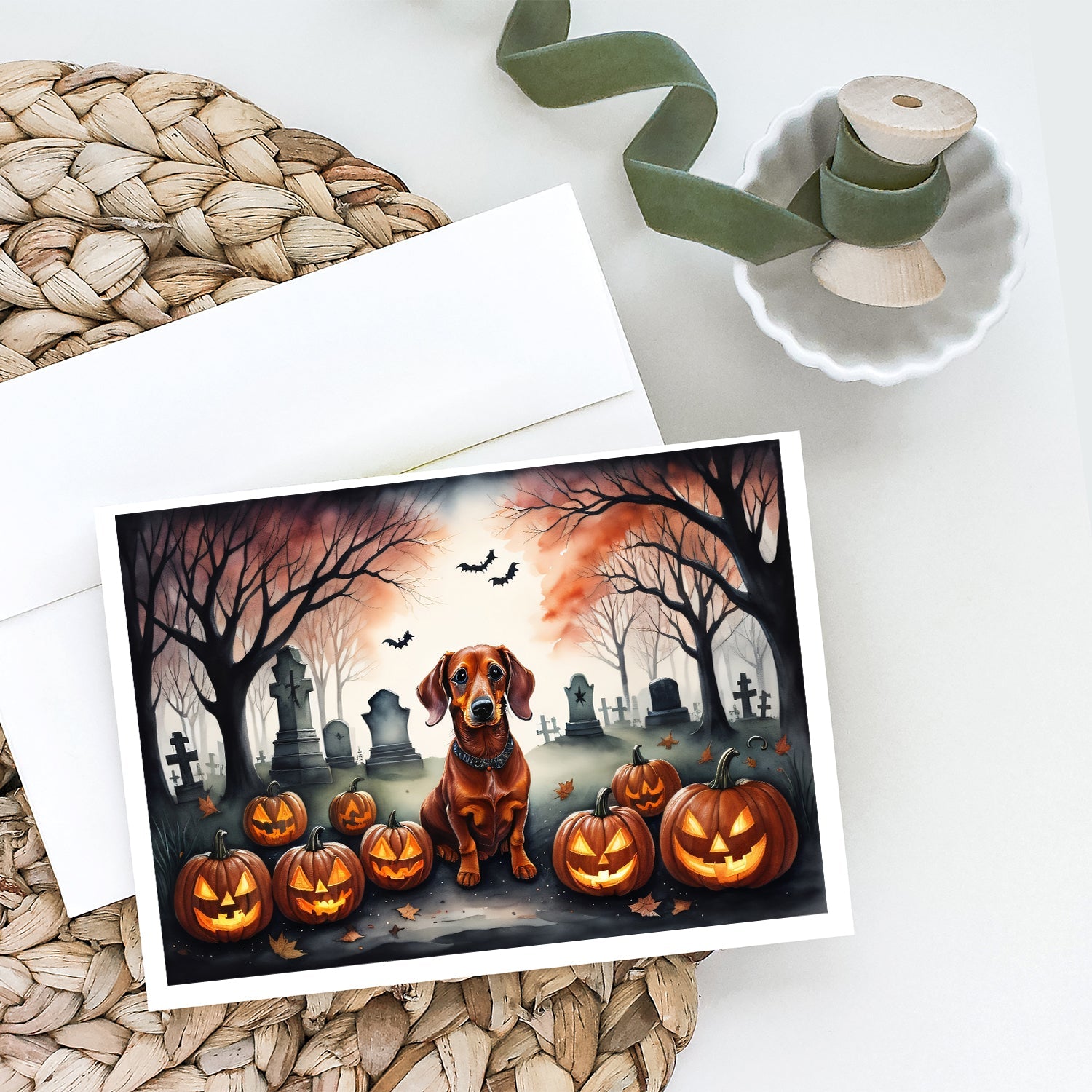 Dachshund Spooky Halloween Greeting Cards Pack of 8 Blank Cards with Envelopes Whimsical A7 Size 5x7