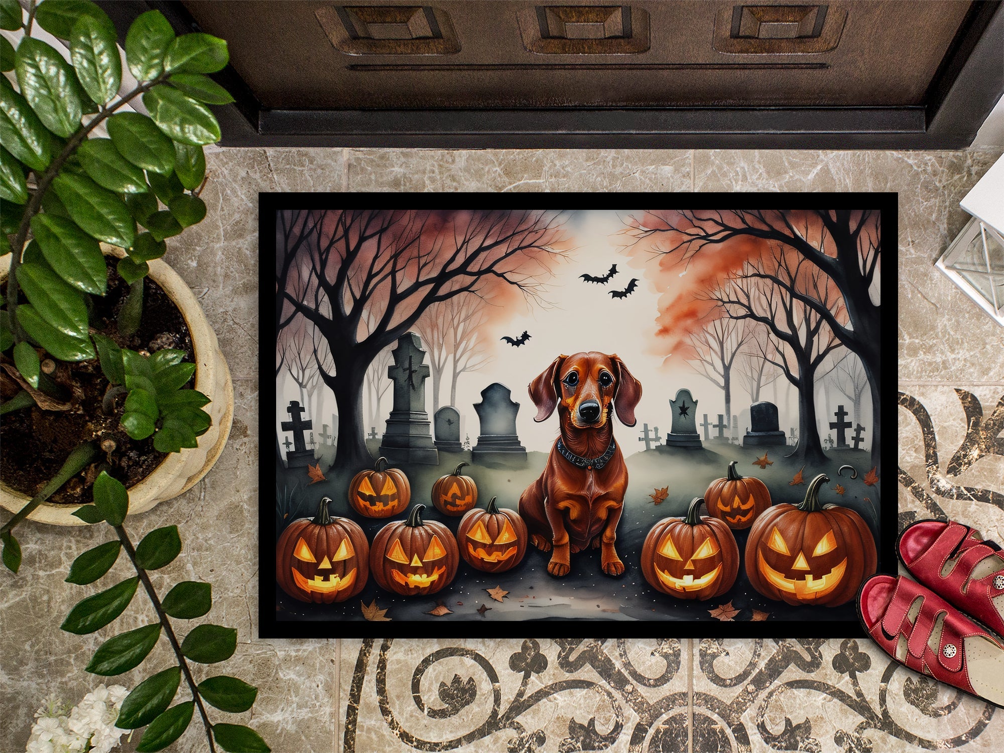 Dachshund Spooky Halloween Doormat Indoor Outdoor 24H X 36W Front Door Mat Rugs for Entryway, Non Slip Washable Low Pile,