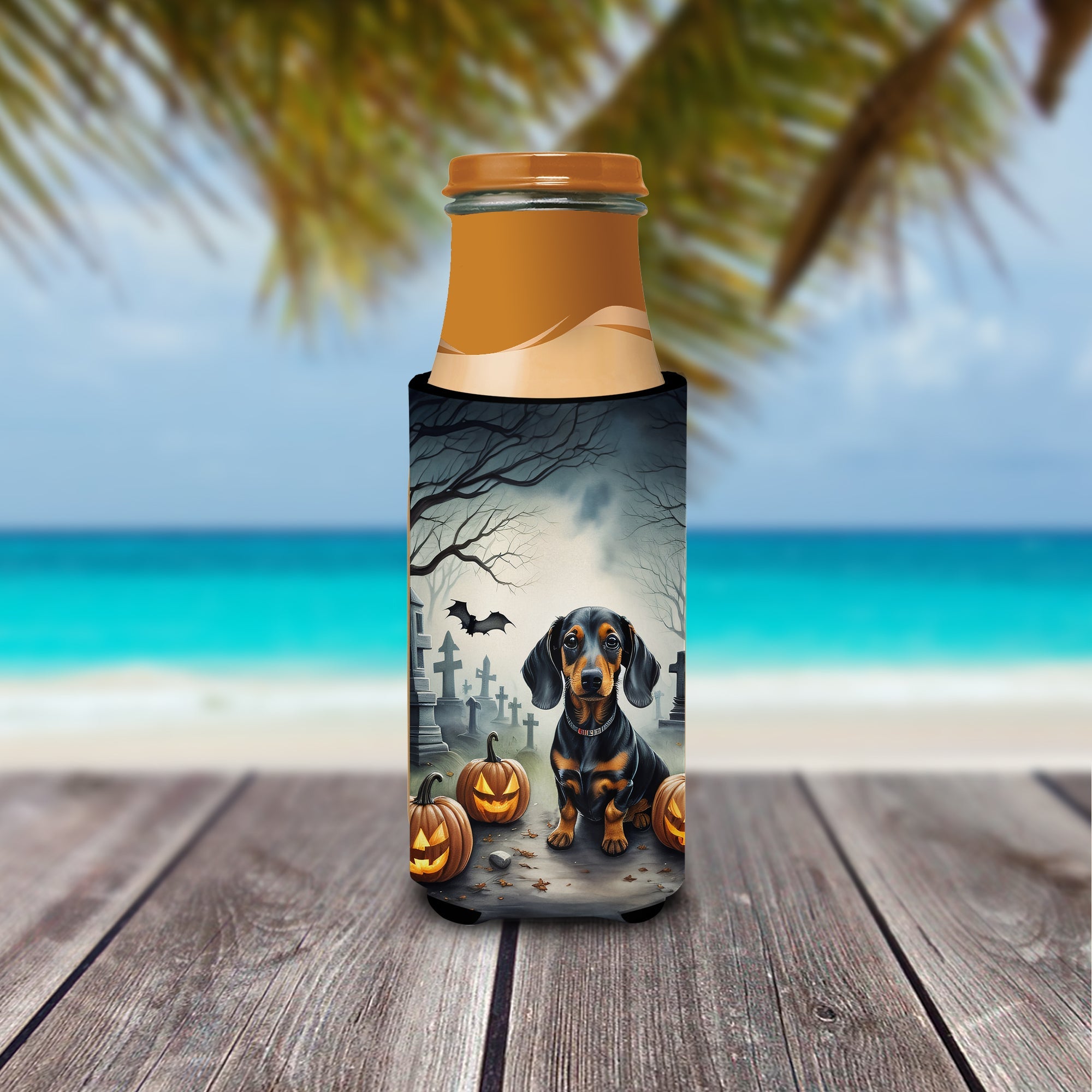 Dachshund Spooky Halloween Slim Can Hugger , Insulated Foam Hugger for 12 oz Slim Cans, Beer Bottles & Water Bottles, Printed in USA