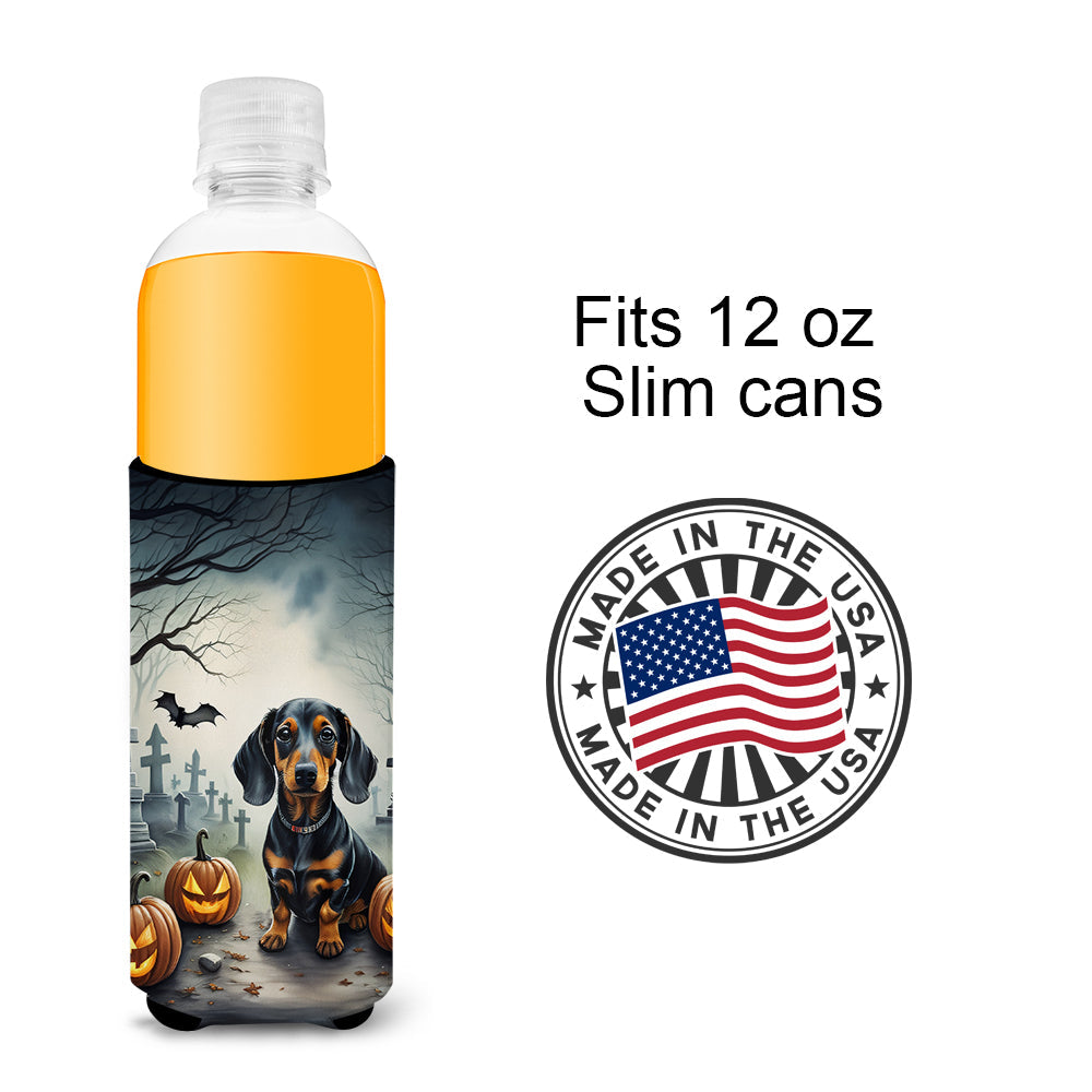 Dachshund Spooky Halloween Slim Can Hugger , Insulated Foam Hugger for 12 oz Slim Cans, Beer Bottles & Water Bottles, Printed in USA