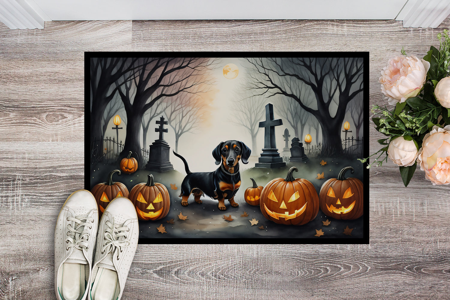 Dachshund Spooky Halloween Doormat Indoor Outdoor 24H X 36W Front Door Mat Rugs for Entryway, Non Slip Washable Low Pile,