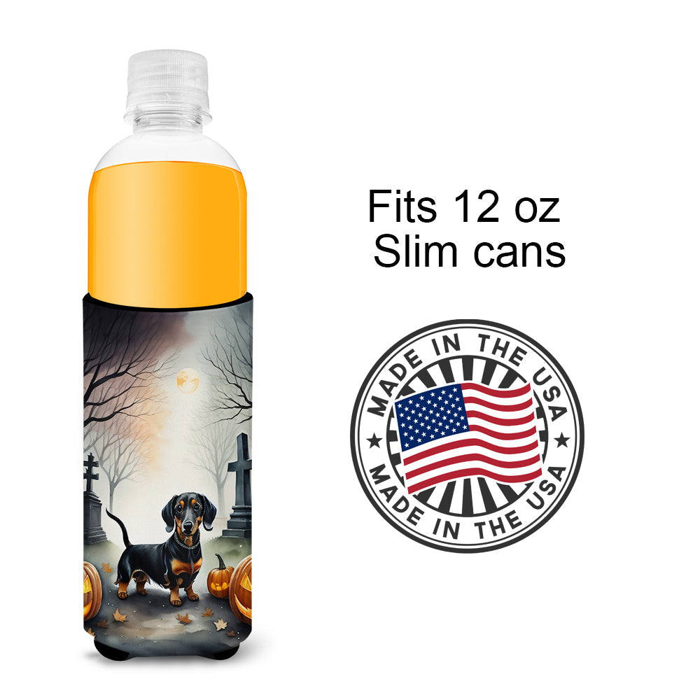 Dachshund Spooky Halloween Slim Can Hugger , Insulated Foam Hugger for 12 oz Slim Cans, Beer Bottles & Water Bottles, Printed in USA