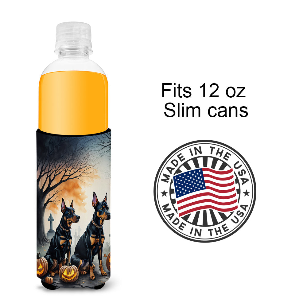 Doberman Pinscher Spooky Halloween Slim Can Hugger , Insulated Foam Hugger for 12 oz Slim Cans, Beer Bottles & Water Bottles, Printed in USA