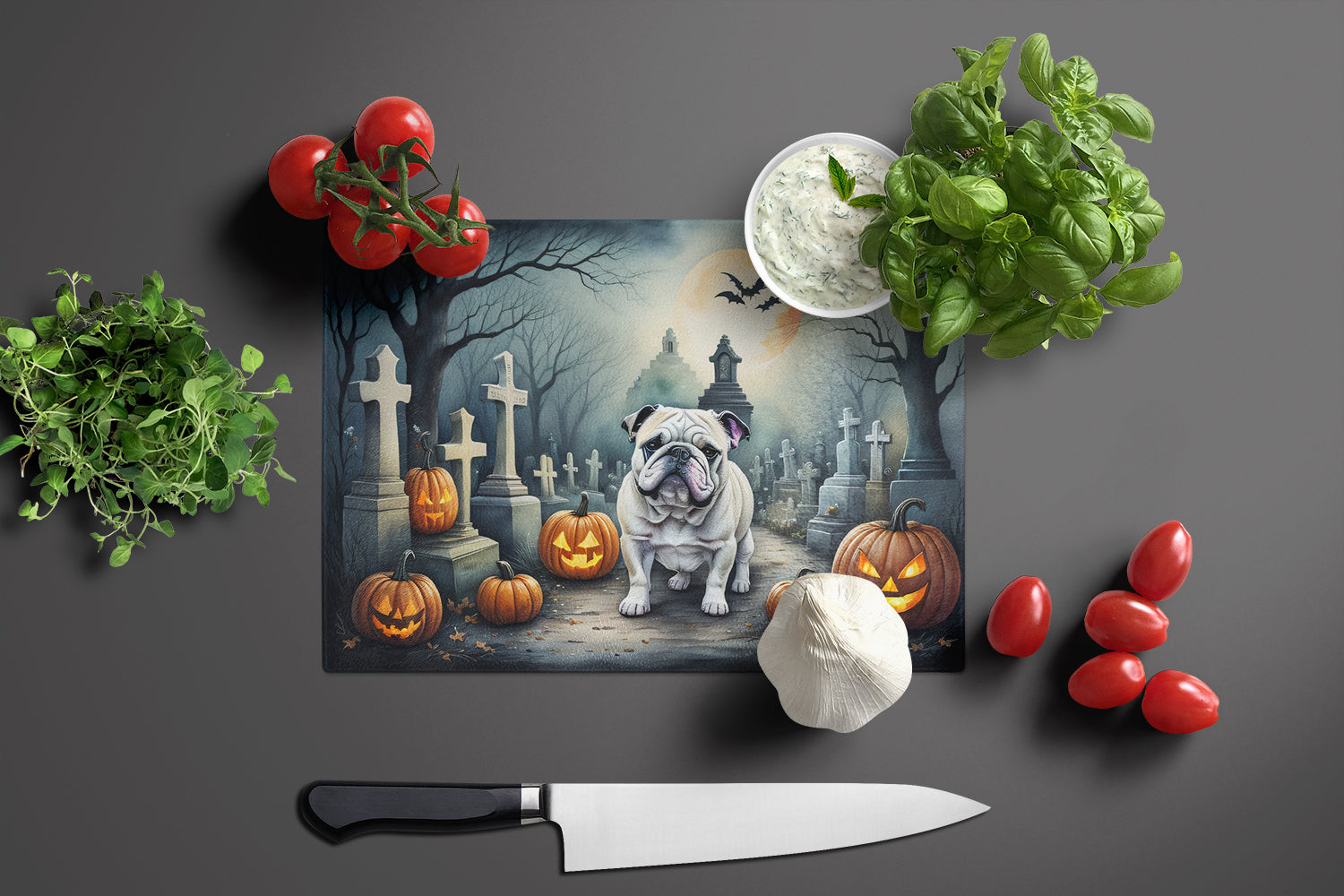 English Bulldog Spooky Halloween Cutting Board Tempered Glass Kitchen Cutting Surface, Heat Resistant Chopping, Non-Slip Feet, Food Prep & Serving
