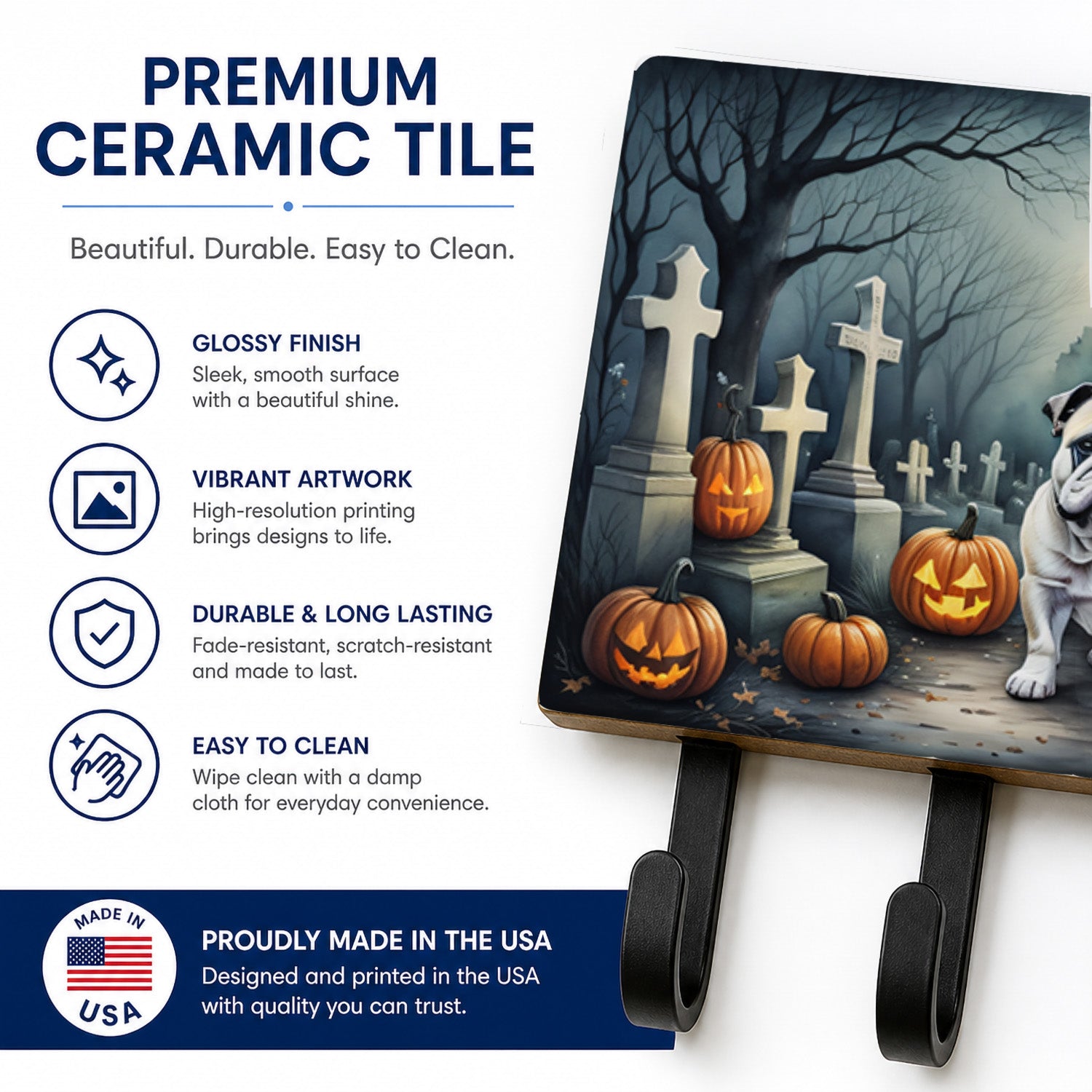 English Bulldog Spooky Halloween Leash or Key Holder Wall Hooks, Coat Rack Wall Mount, for Hanging Keys, Towels, Aprons, Leashes
