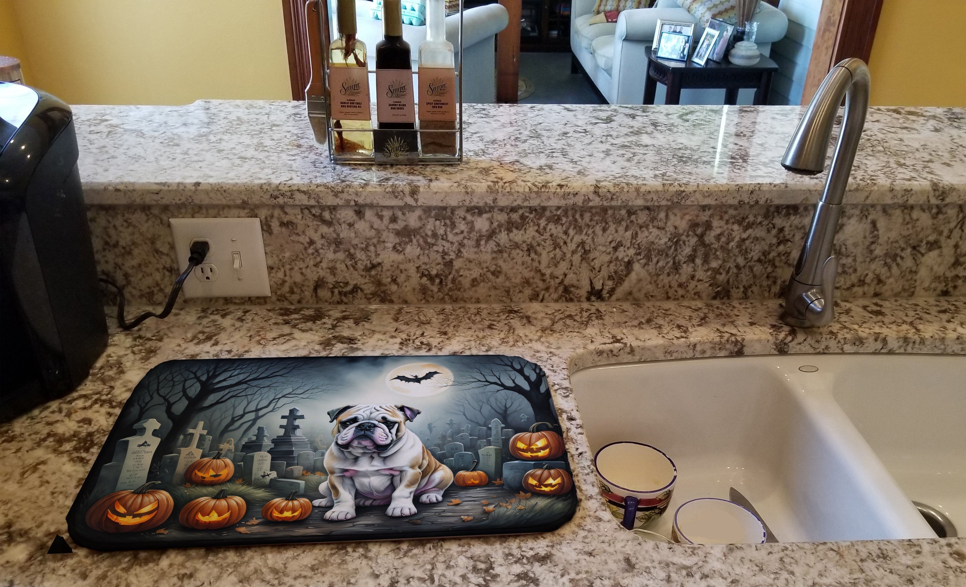 English Bulldog Spooky Halloween Dish Drying Mat Absorbent Dish Drying Mat Pad for Kitchen Counter Dish Drainer Mat for Countertop, 14 x 21", Multicolor