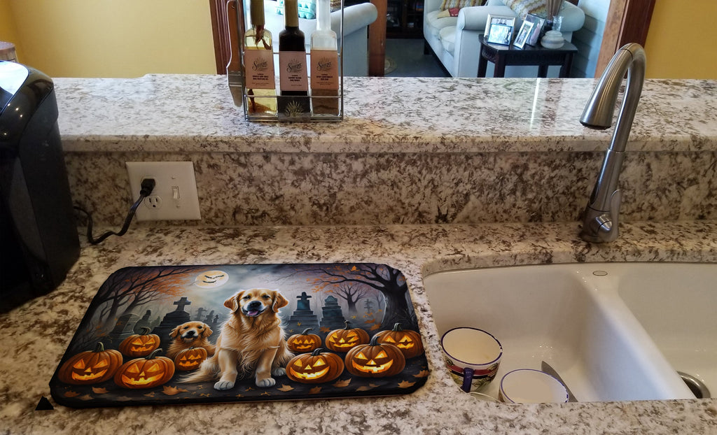 Golden Retriever Spooky Halloween Dish Drying Mat Absorbent Dish Drying Mat Pad for Kitchen Counter Dish Drainer Mat for Countertop, 14 x 21", Multicolor