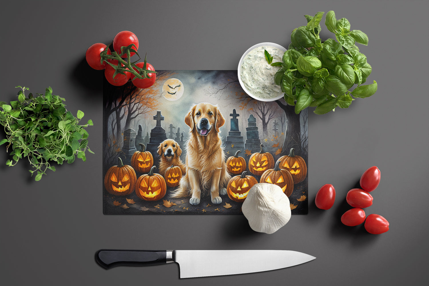 Golden Retriever Spooky Halloween Cutting Board Tempered Glass Kitchen Cutting Surface, Heat Resistant Chopping, Non-Slip Feet, Food Prep & Serving