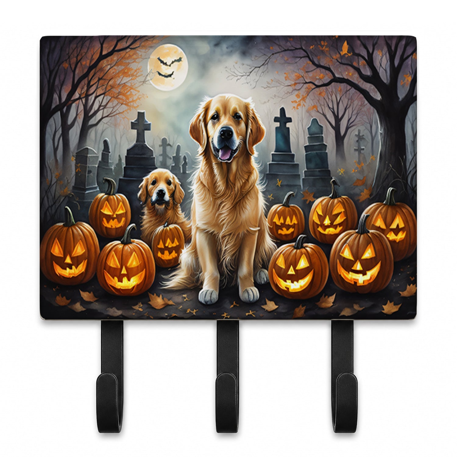 Golden Retriever Spooky Halloween Leash or Key Holder Wall Hooks, Coat Rack Wall Mount, for Hanging Keys, Towels, Aprons, Leashes