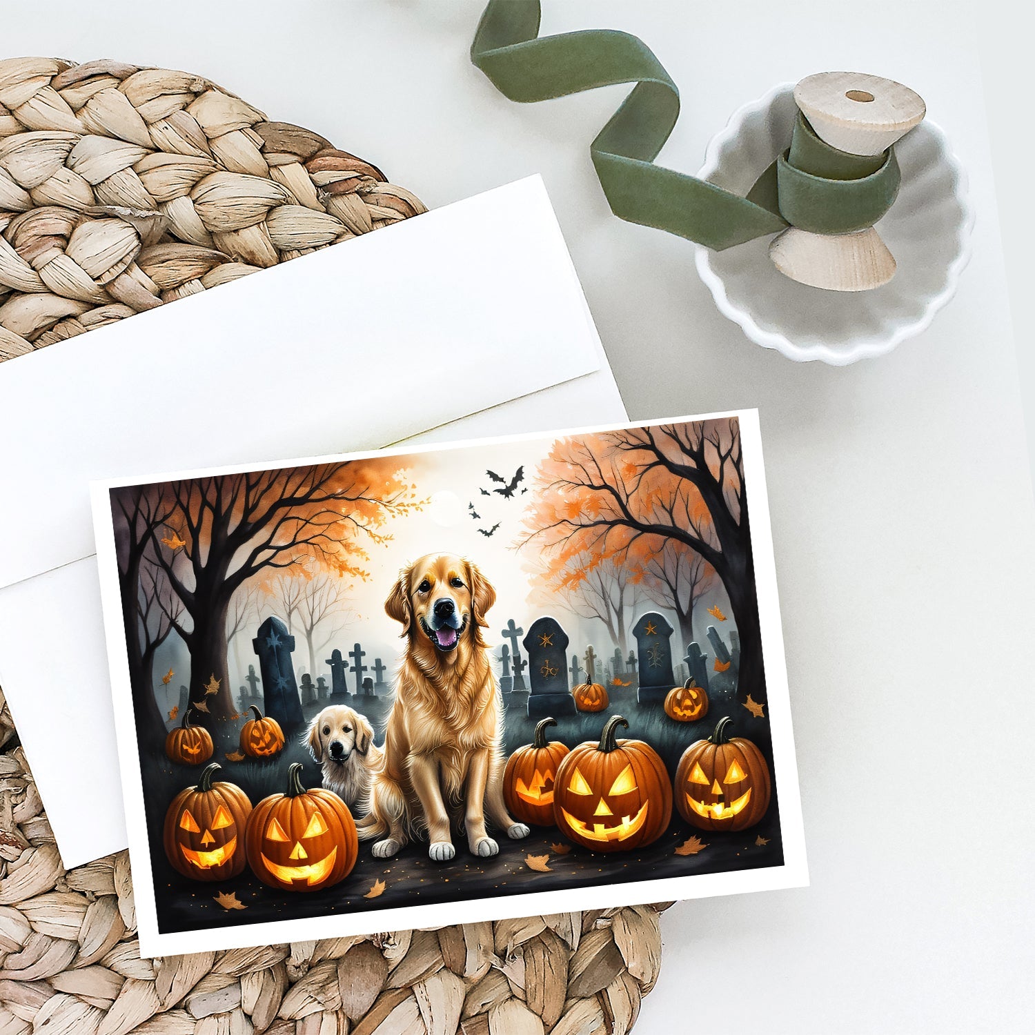 Golden Retriever Spooky Halloween Greeting Cards Pack of 8 Blank Cards with Envelopes Whimsical A7 Size 5x7