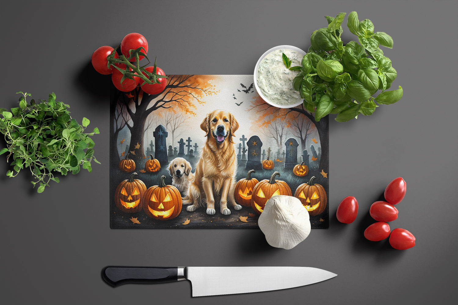 Golden Retriever Spooky Halloween Cutting Board Tempered Glass Kitchen Cutting Surface, Heat Resistant Chopping, Non-Slip Feet, Food Prep & Serving