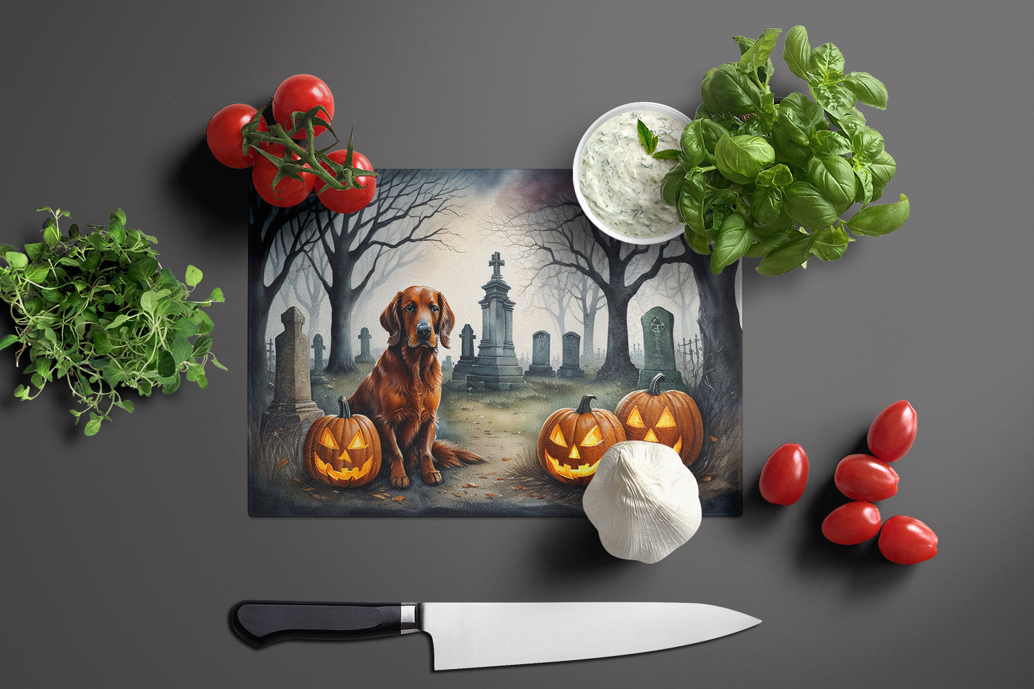 Irish Setter Spooky Halloween Cutting Board Tempered Glass Kitchen Cutting Surface, Heat Resistant Chopping, Non-Slip Feet, Food Prep & Serving