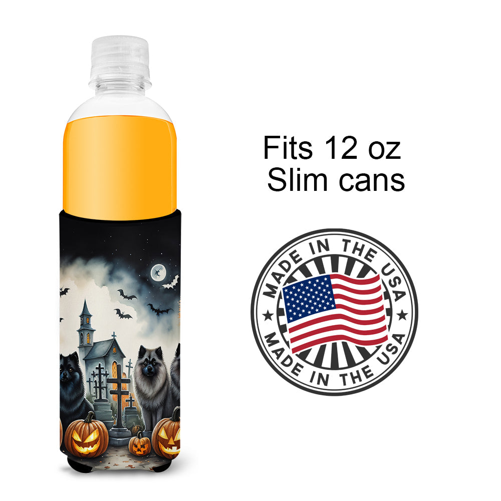 Keeshond Spooky Halloween Slim Can Hugger , Insulated Foam Hugger for 12 oz Slim Cans, Beer Bottles & Water Bottles, Printed in USA