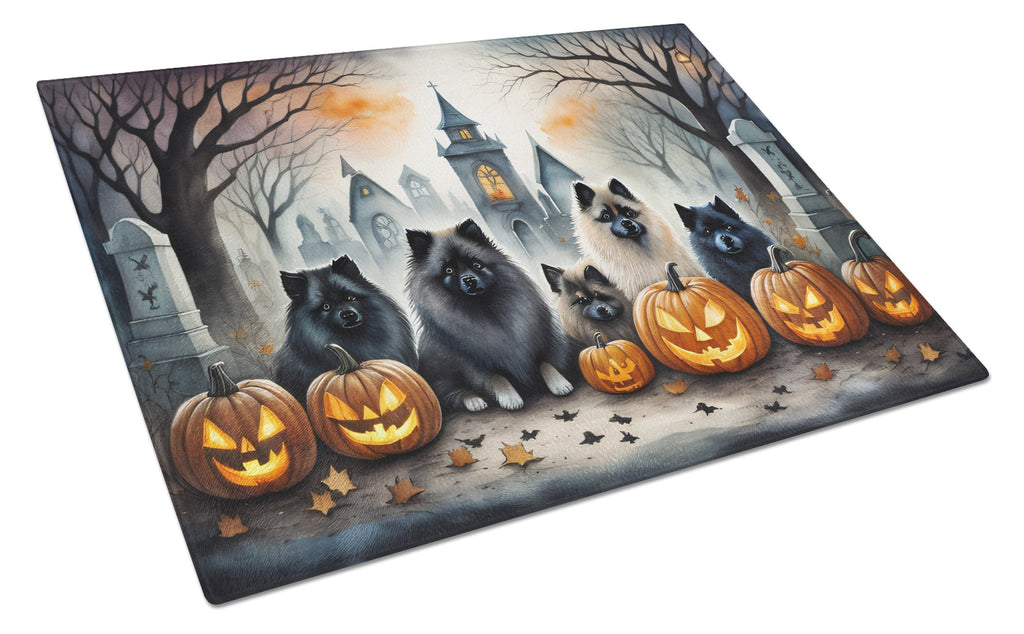 Keeshond Spooky Halloween Cutting Board Tempered Glass Kitchen Cutting Surface, Heat Resistant Chopping, Non-Slip Feet, Food Prep & Serving