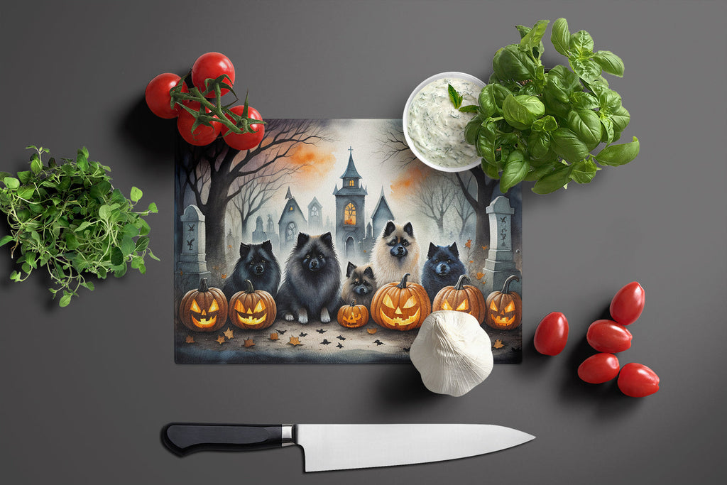 Keeshond Spooky Halloween Cutting Board Tempered Glass Kitchen Cutting Surface, Heat Resistant Chopping, Non-Slip Feet, Food Prep & Serving