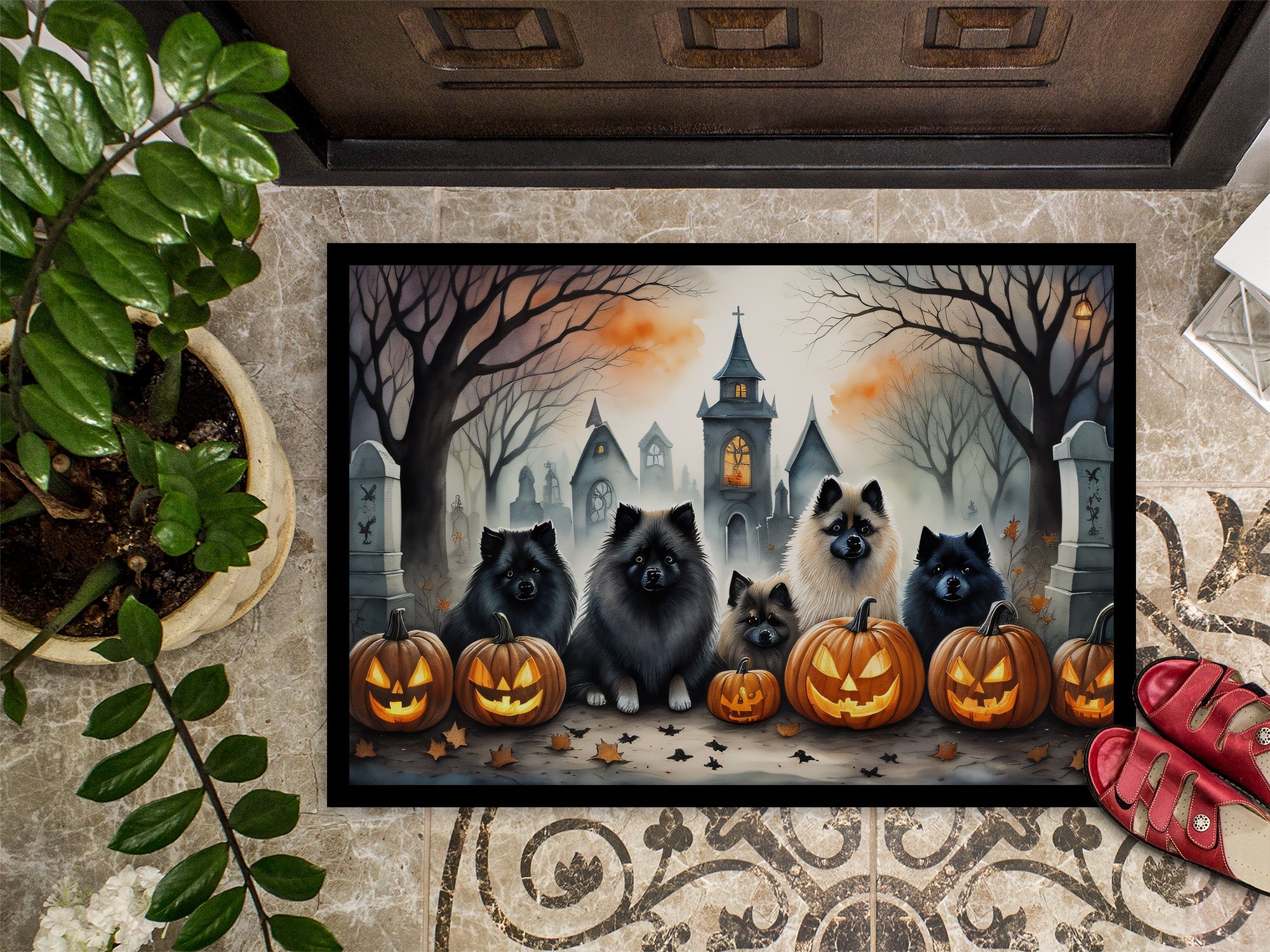 Keeshond Spooky Halloween Doormat Indoor Outdoor 18H X 27W Front Door Mat Rugs for Entryway, Non Slip Washable