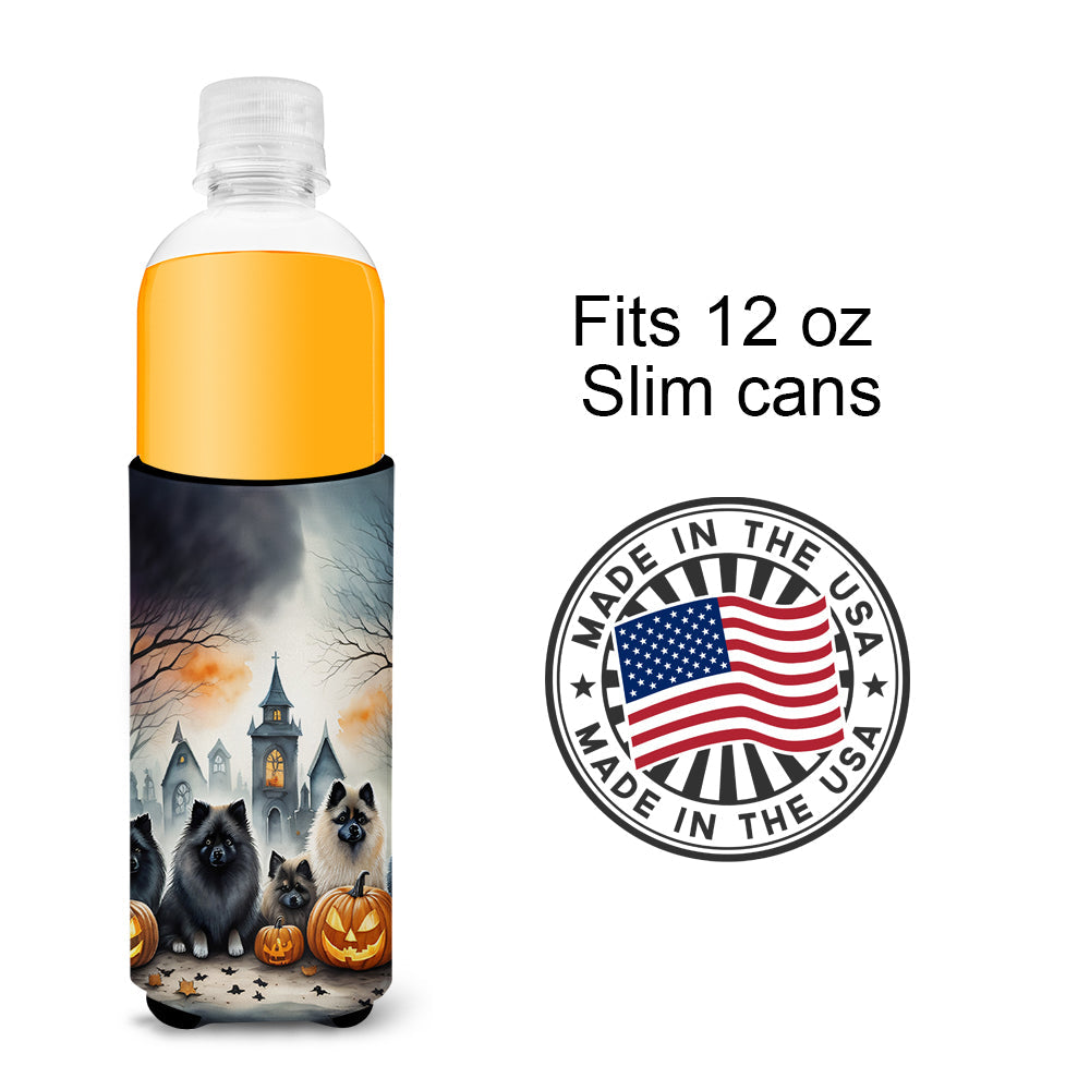 Keeshond Spooky Halloween Slim Can Hugger , Insulated Foam Hugger for 12 oz Slim Cans, Beer Bottles & Water Bottles, Printed in USA