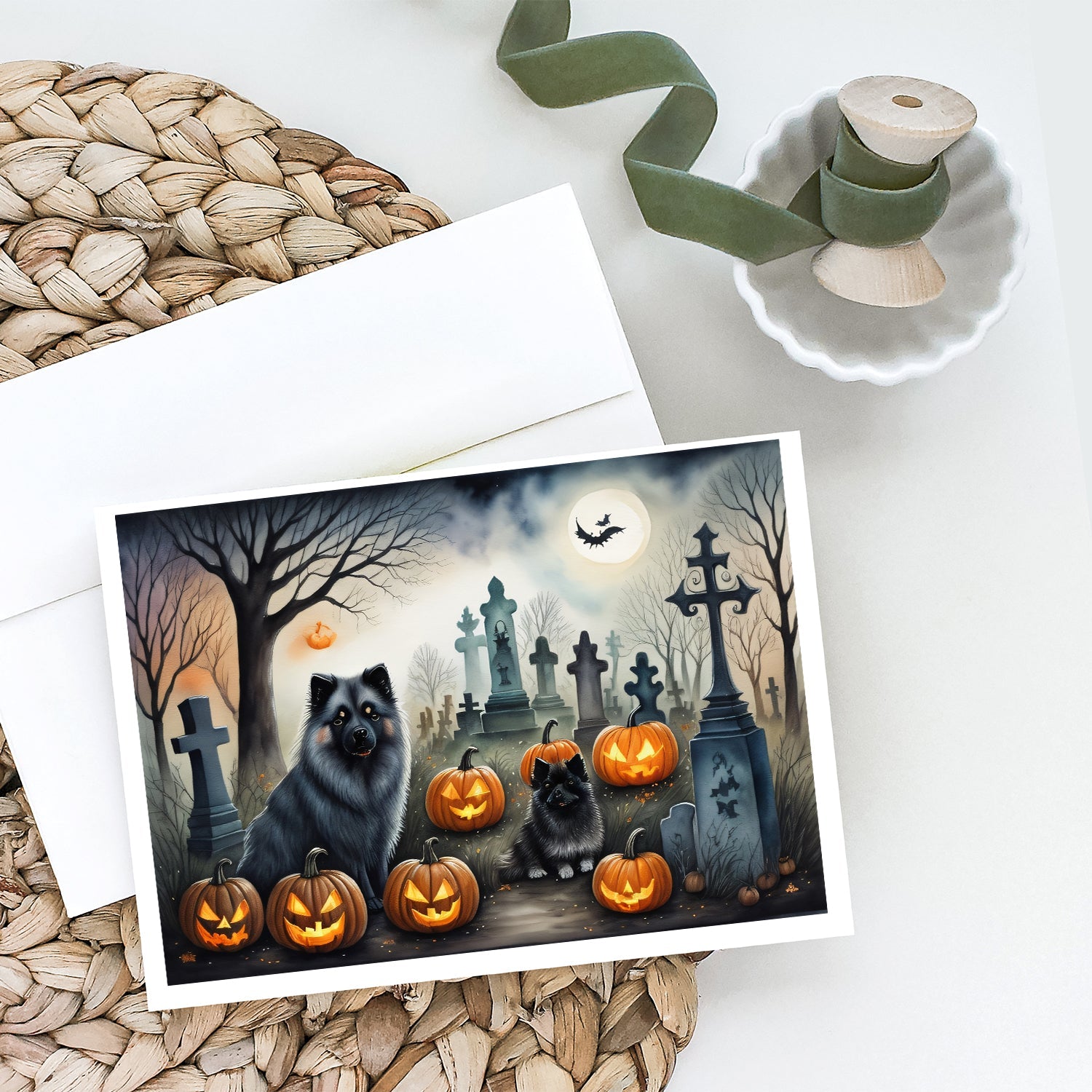 Keeshond Spooky Halloween Greeting Cards Pack of 8 Blank Cards with Envelopes Whimsical A7 Size 5x7