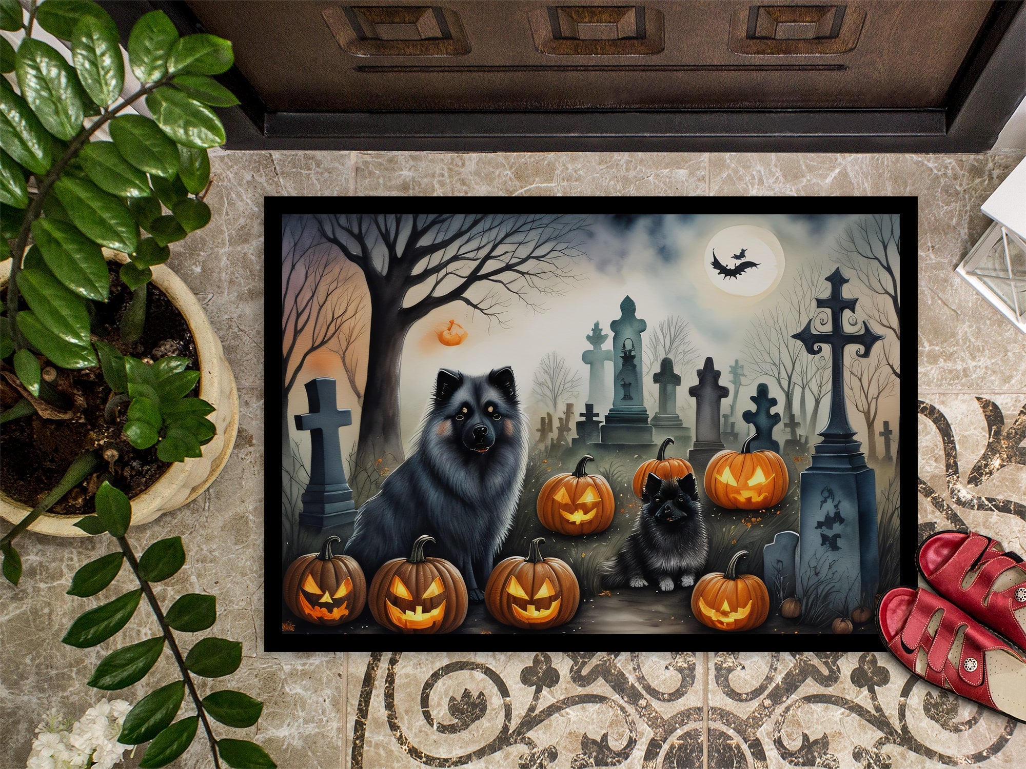 Keeshond Spooky Halloween Doormat Indoor Outdoor 24H X 36W Front Door Mat Rugs for Entryway, Non Slip Washable Low Pile,