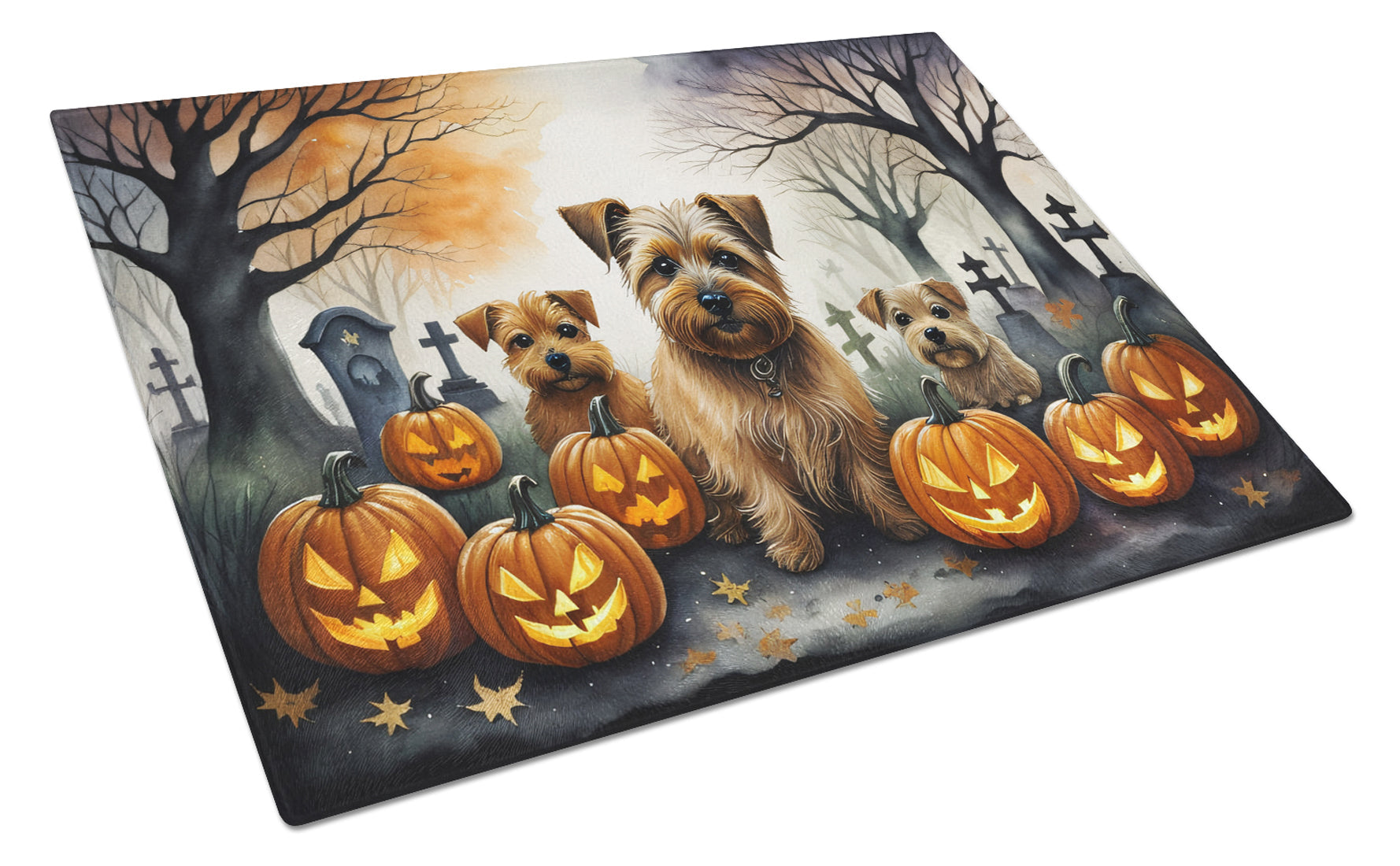 Norfolk Terrier Spooky Halloween Cutting Board Tempered Glass Kitchen Cutting Surface, Heat Resistant Chopping, Non-Slip Feet, Food Prep & Serving