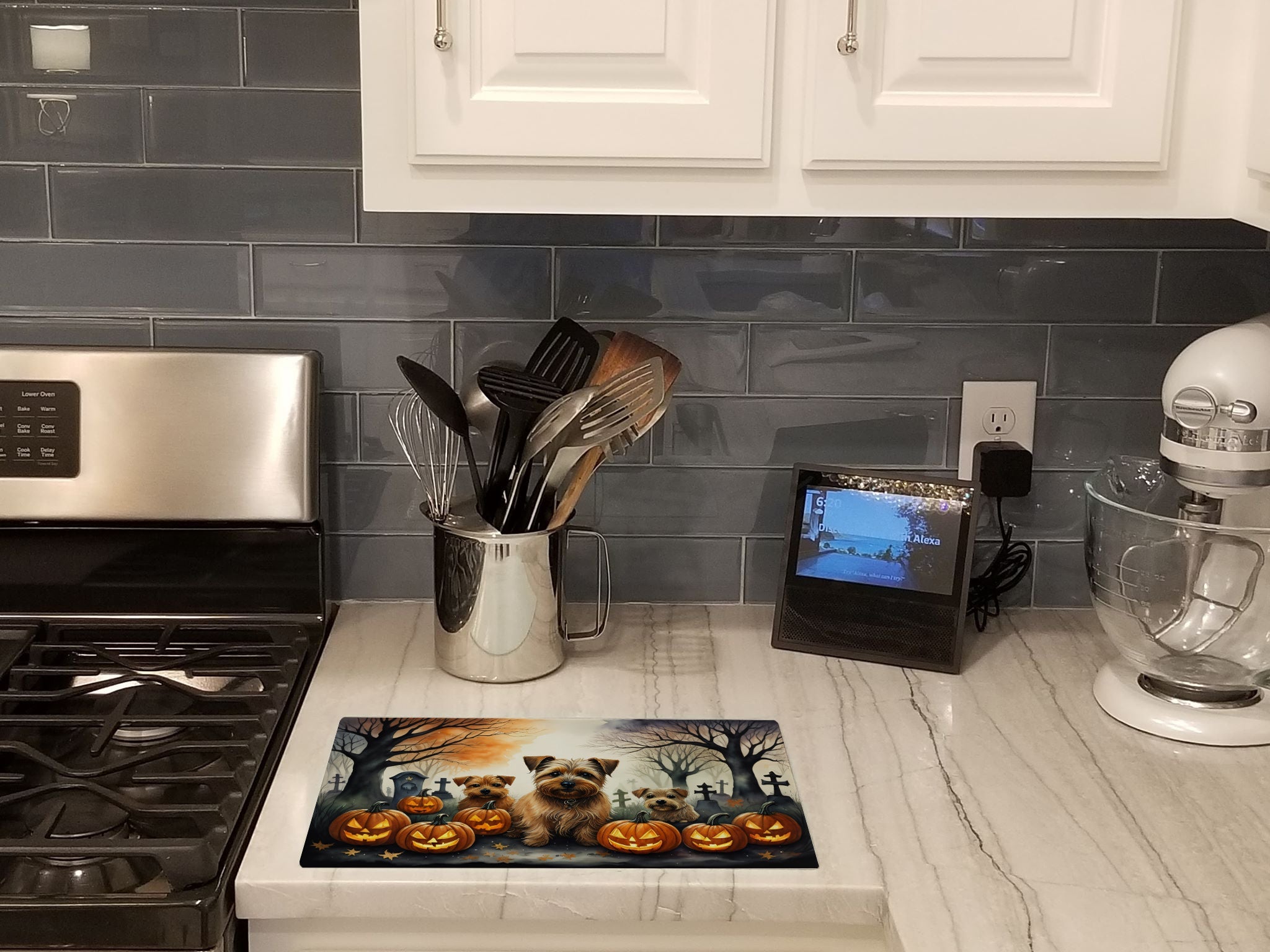 Norfolk Terrier Spooky Halloween Cutting Board Tempered Glass Kitchen Cutting Surface, Heat Resistant Chopping, Non-Slip Feet, Food Prep & Serving