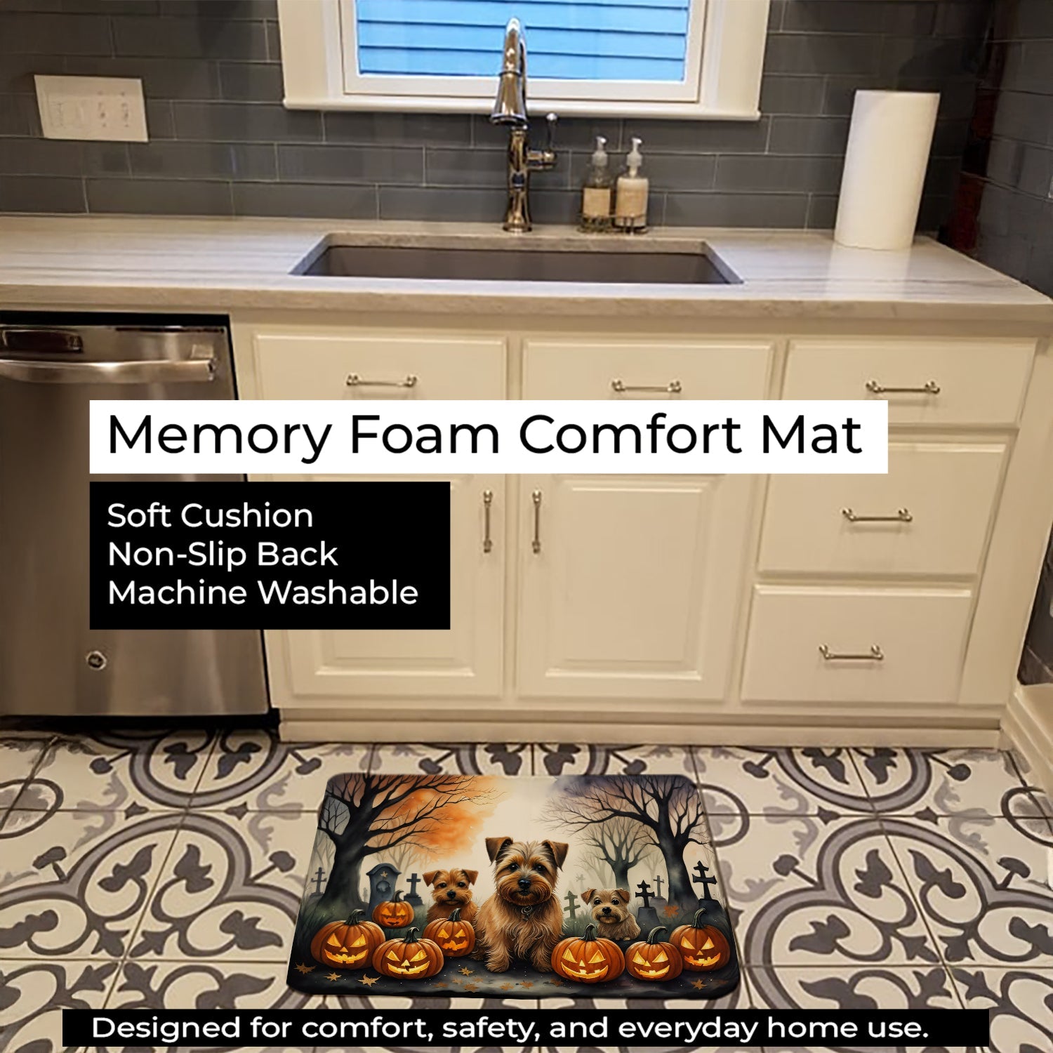 Norfolk Terrier Spooky Halloween Memory Foam Kitchen Mat Machine Washable Anti-Fatigue Cushion Comfort Bath or Kitchen Rug