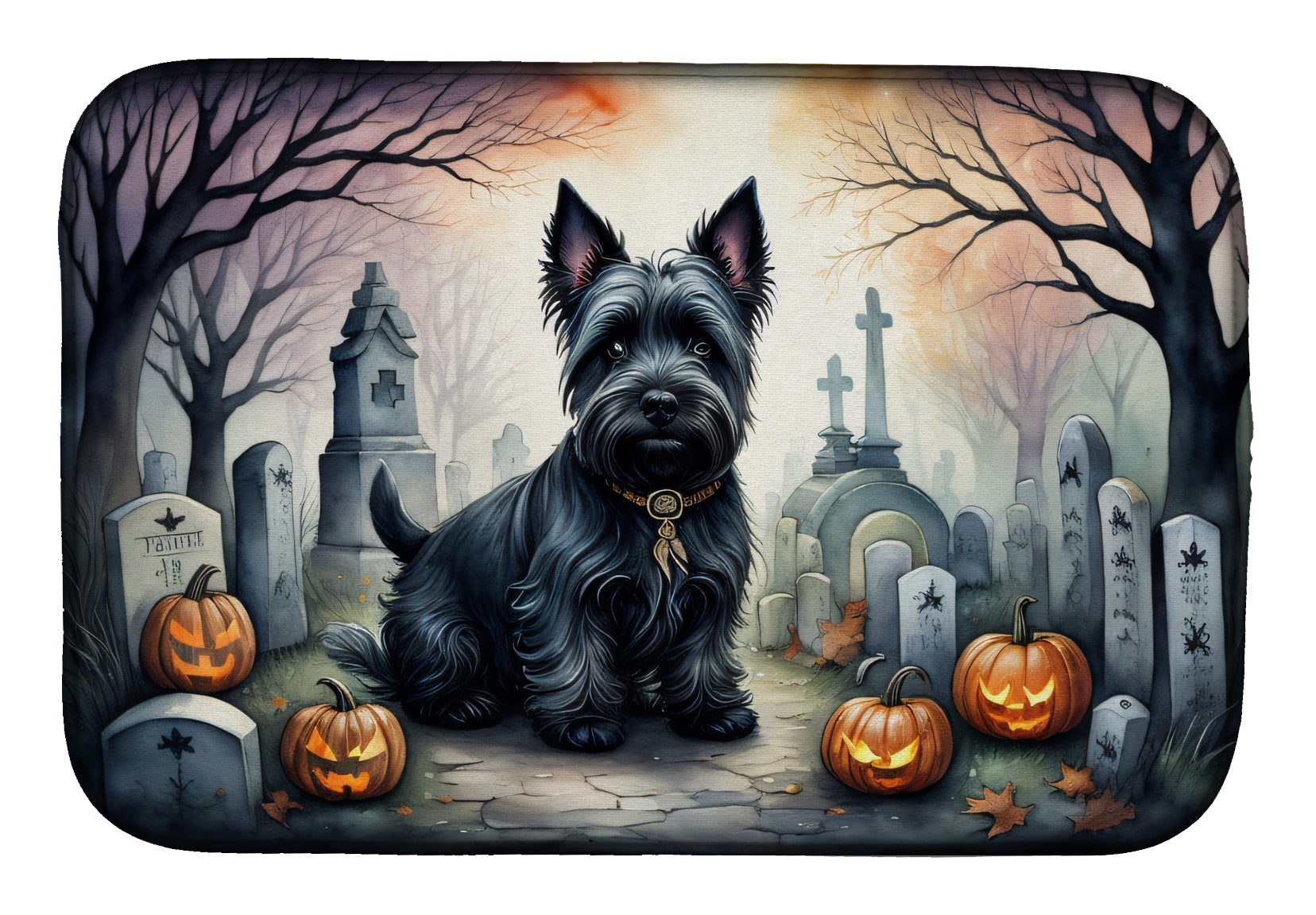 Scottish Terrier Spooky Halloween Dish Drying Mat Absorbent Dish Drying Mat Pad for Kitchen Counter Dish Drainer Mat for Countertop, 14 x 21", Multicolor