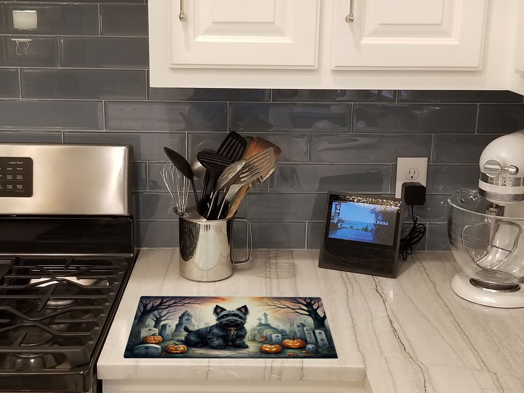 Scottish Terrier Spooky Halloween Cutting Board Tempered Glass Kitchen Cutting Surface, Heat Resistant Chopping, Non-Slip Feet, Food Prep & Serving