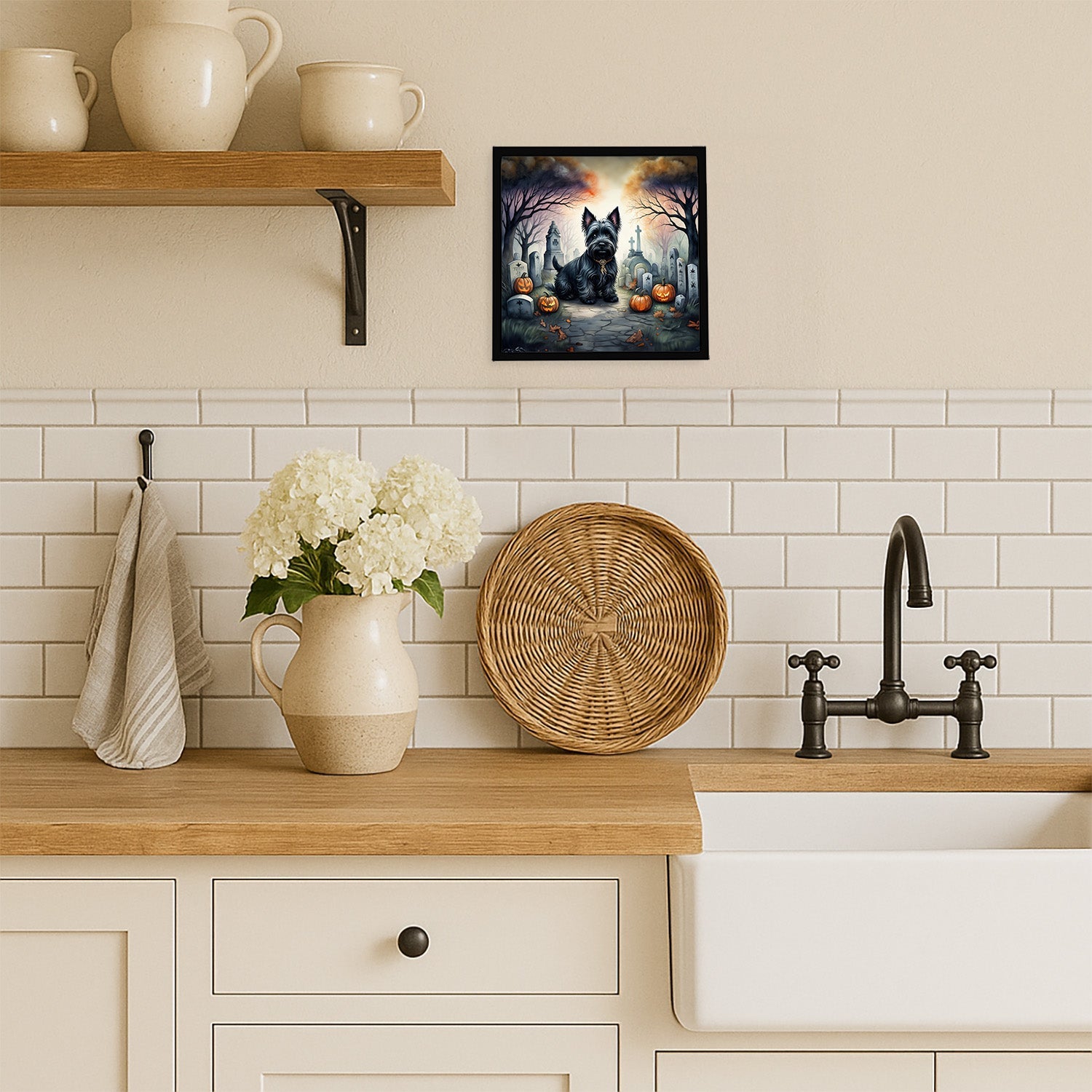 Scottish Terrier Spooky Halloween Framed Metal Print Bathroom, Kitchen, Office, Home Decor Wall Art Ready to Hang, Square, 8X8