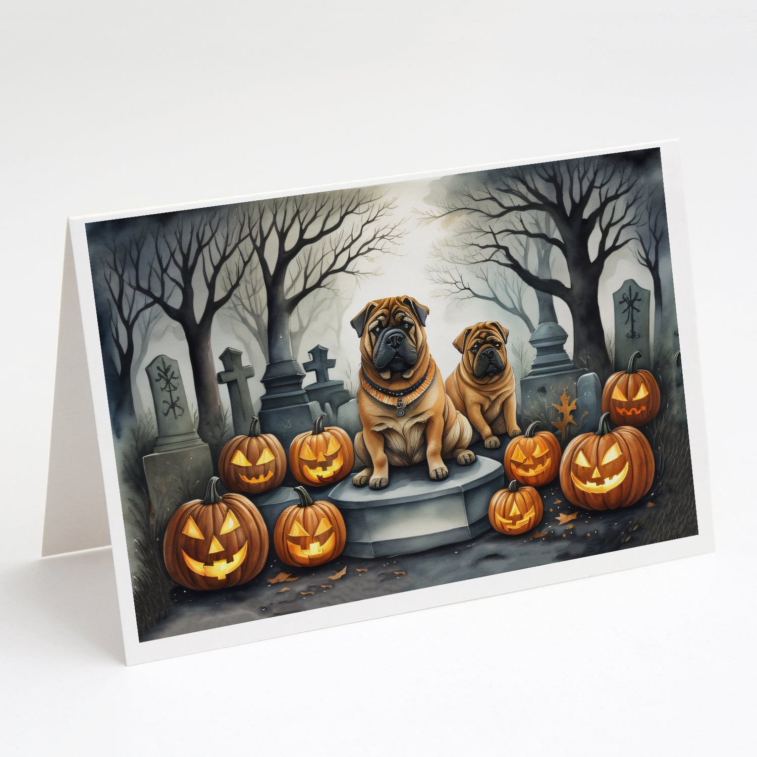 Shar Pei Spooky Halloween Greeting Cards Pack of 8 Blank Cards with Envelopes Whimsical A7 Size 5x7