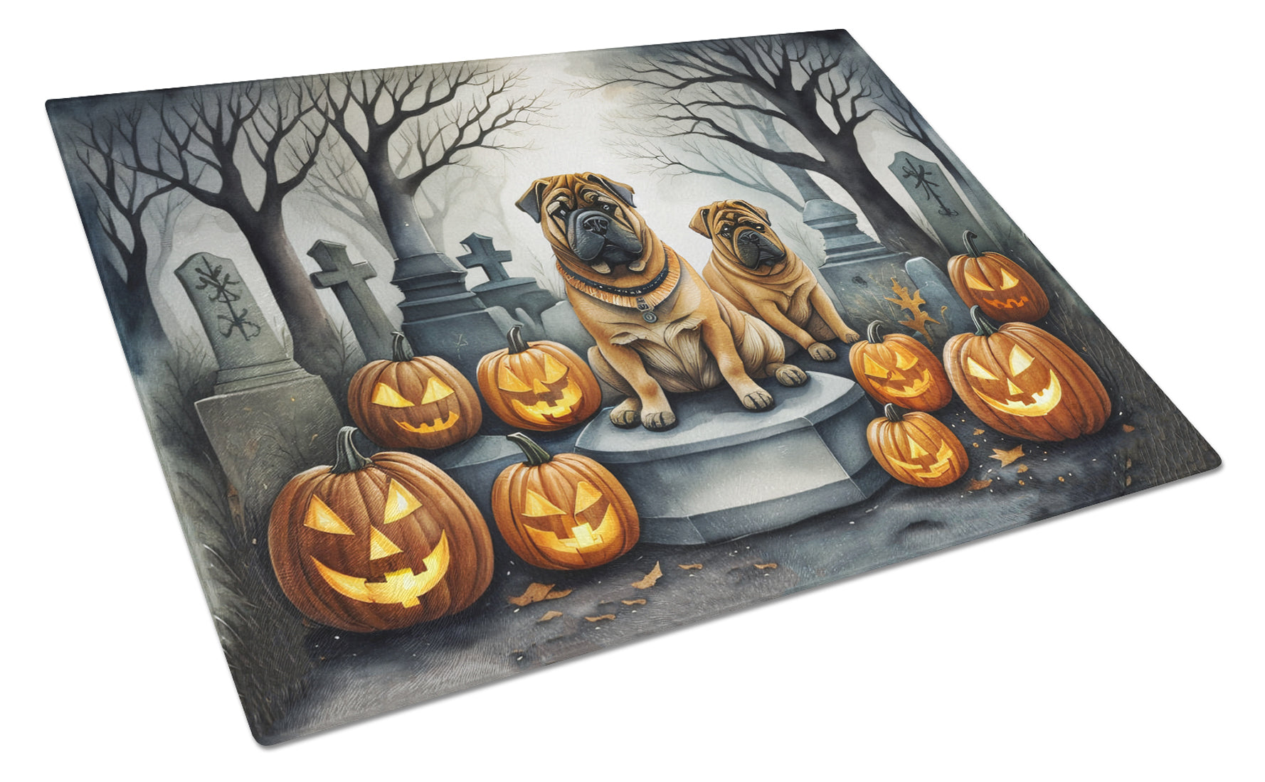 Shar Pei Spooky Halloween Cutting Board Tempered Glass Kitchen Cutting Surface, Heat Resistant Chopping, Non-Slip Feet, Food Prep & Serving