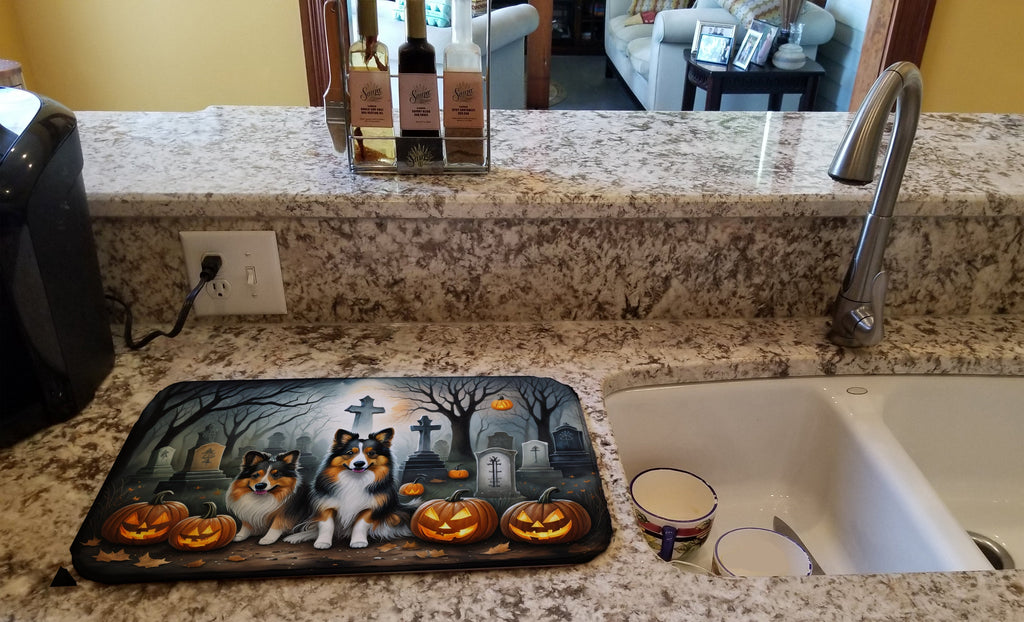Sheltie Spooky Halloween Dish Drying Mat Absorbent Dish Drying Mat Pad for Kitchen Counter Dish Drainer Mat for Countertop, 14 x 21", Multicolor