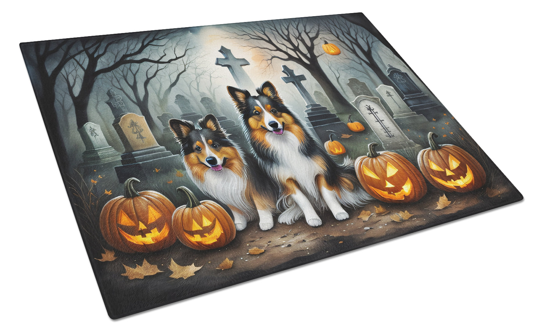 Sheltie Spooky Halloween Cutting Board Tempered Glass Kitchen Cutting Surface, Heat Resistant Chopping, Non-Slip Feet, Food Prep & Serving