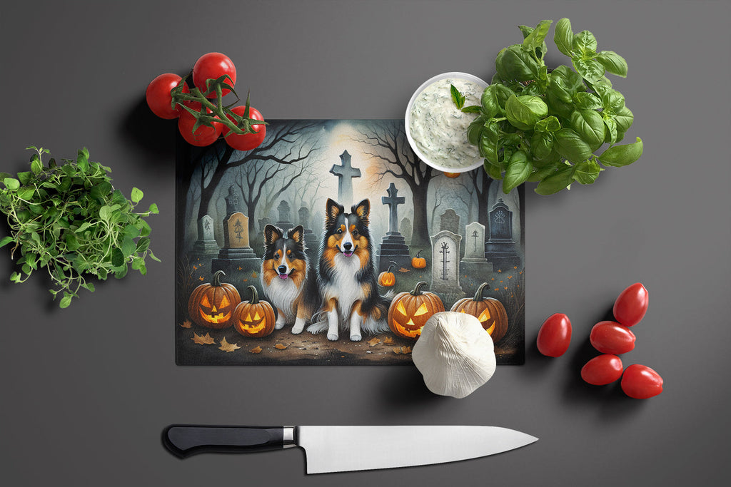 Sheltie Spooky Halloween Cutting Board Tempered Glass Kitchen Cutting Surface, Heat Resistant Chopping, Non-Slip Feet, Food Prep & Serving