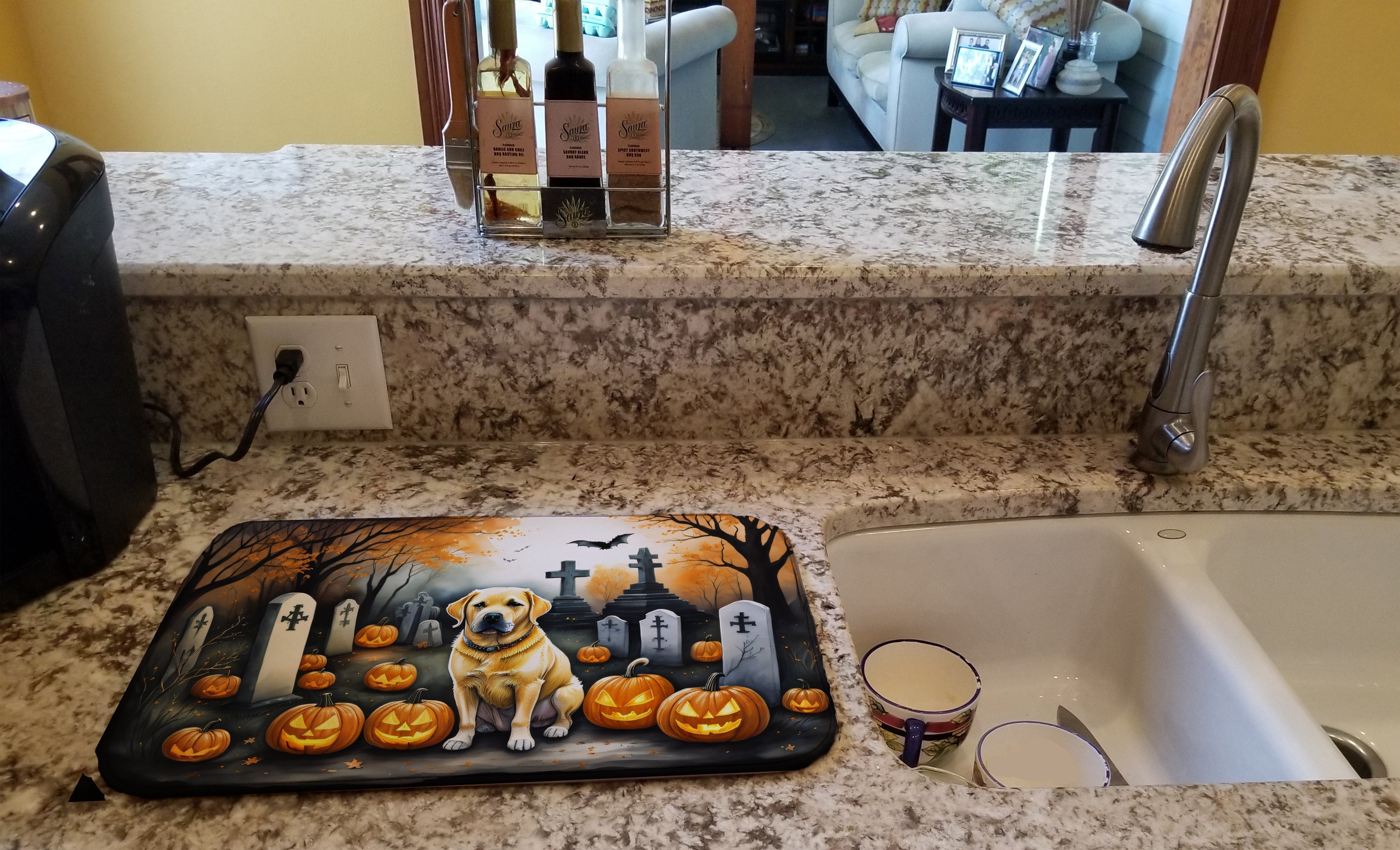 Yellow Labrador Retriever Spooky Halloween Dish Drying Mat Absorbent Dish Drying Mat Pad for Kitchen Counter Dish Drainer Mat for Countertop, 14 x 21", Multicolor